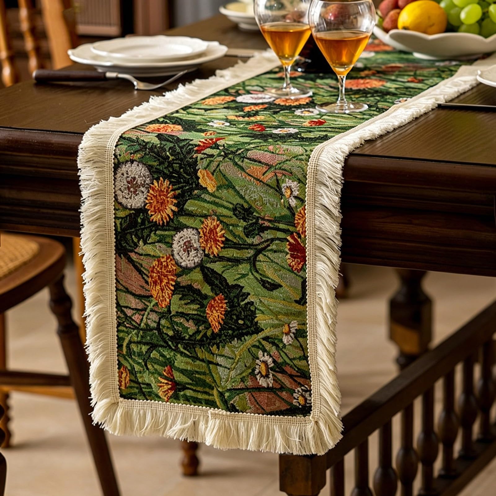 Hand-Woven Tassel Table Runner, Thickened Cotton-Linen Blend Table Runner, Yarn-Dyed Jacquard, Suitable for Weddings, Birthdays,and Seasonal Home Decor(Green,30x180cm/11.8x70.8in)