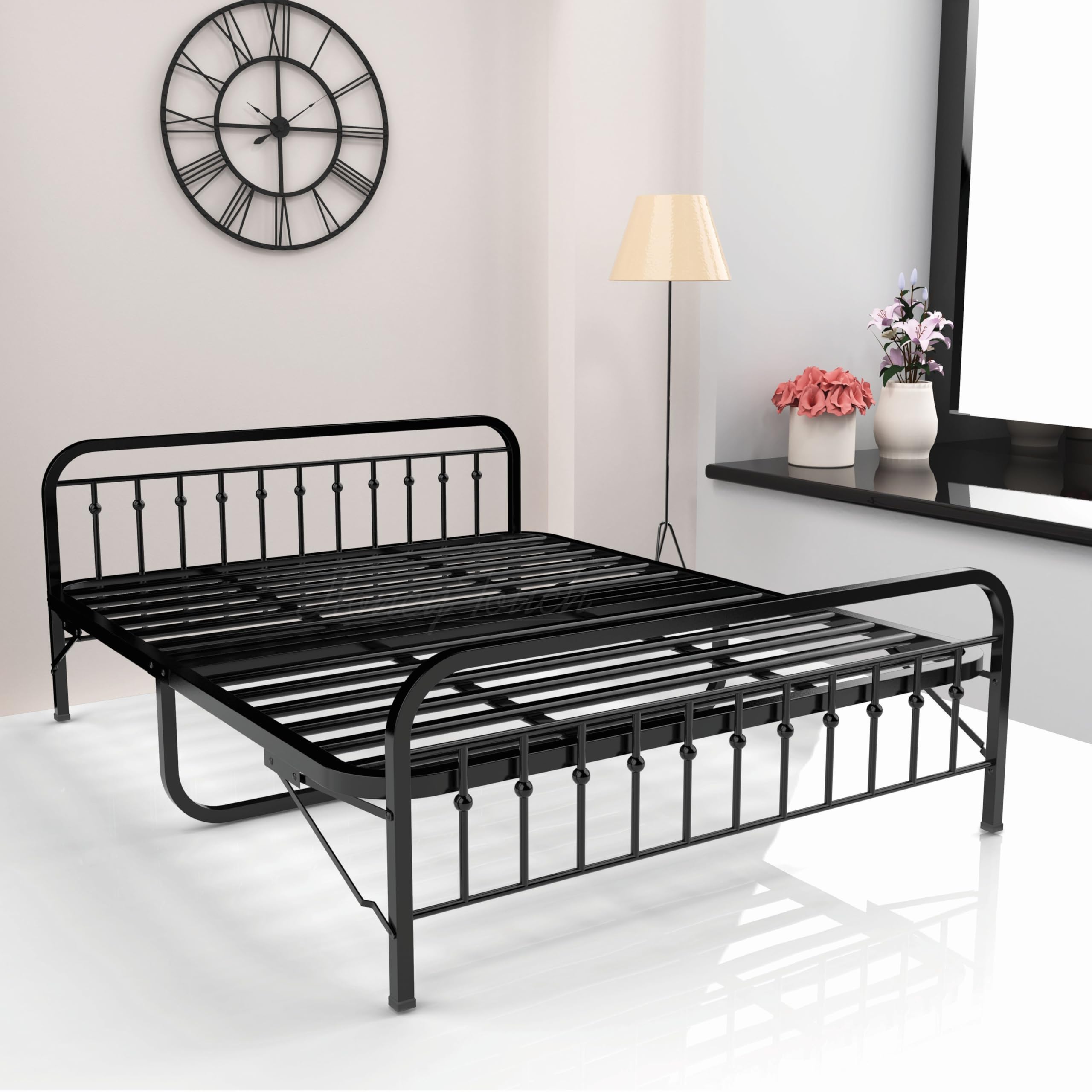 Honey Touch Nova Folding Queen Size Bed Without Mattress | No Assembly Required | Foldable Bed for Sleeping/Guests/Rented Apartments/Bedroom(5x6.25ft, Black)