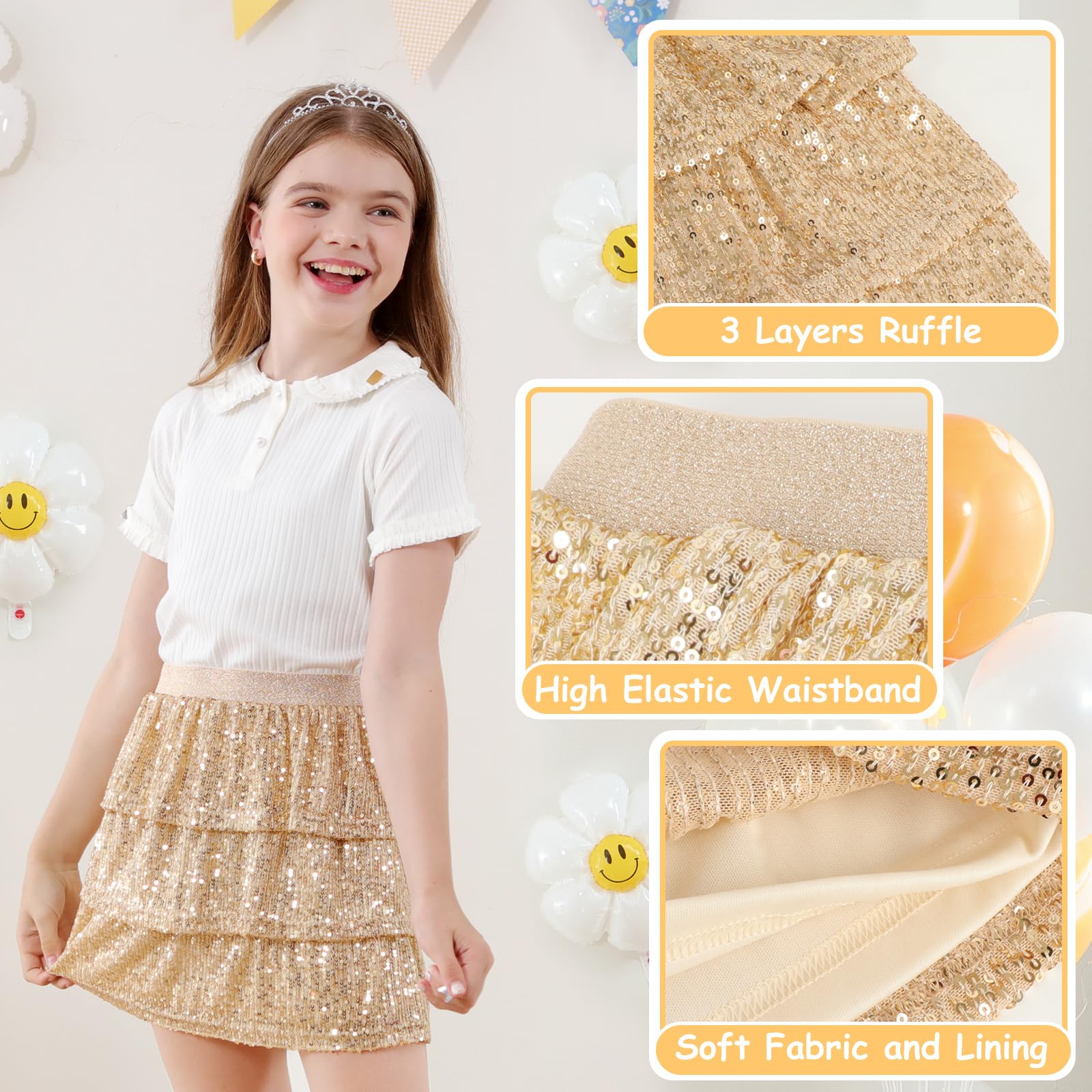 Bezioner Falda Lentejuelas Niña Falda Brillante de Carnaval Trajes para Niñas Elástico Festival Outfit Falda con Brillo