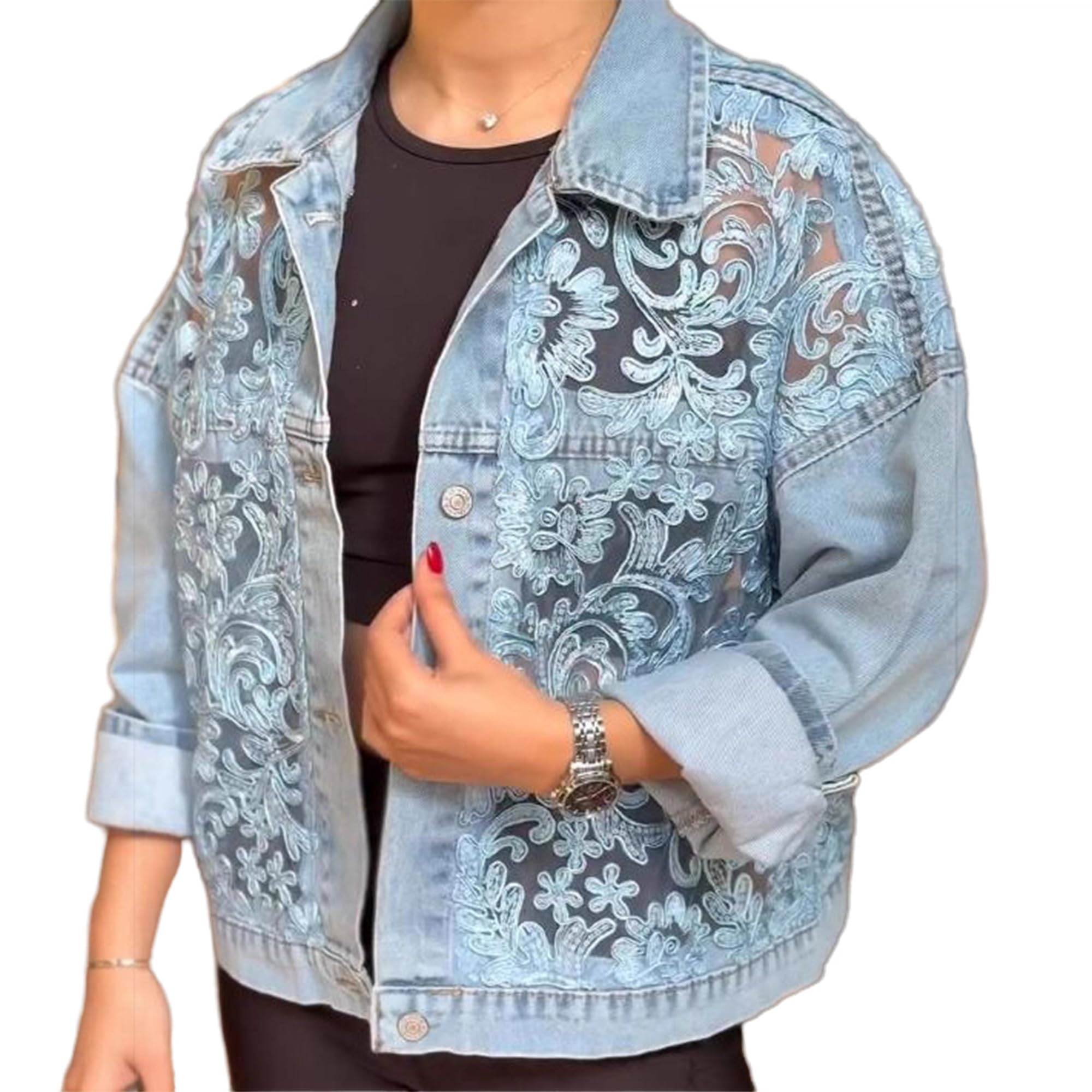 Giacca in denim leggera casual con maniche lunghe stampa a stelle e orlo sfrangiato elegante e alla moda da donna con bottoni sul davanti