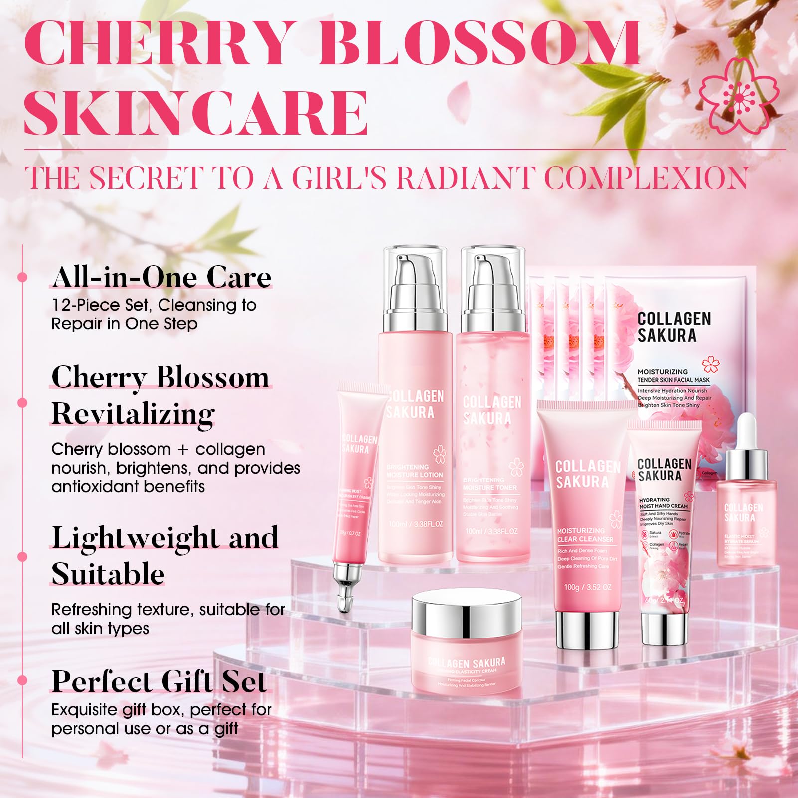 Sakura Coffrets de Soins pour la Peau, Coffret Skincare, Coffret Beauté Ado Fille, avec Crème pour Mains, Crème Visage, Lotion Tonique, Lait, Nettoyant, Masque Visage, Contour des Yeux, Sérum, 12Pcs