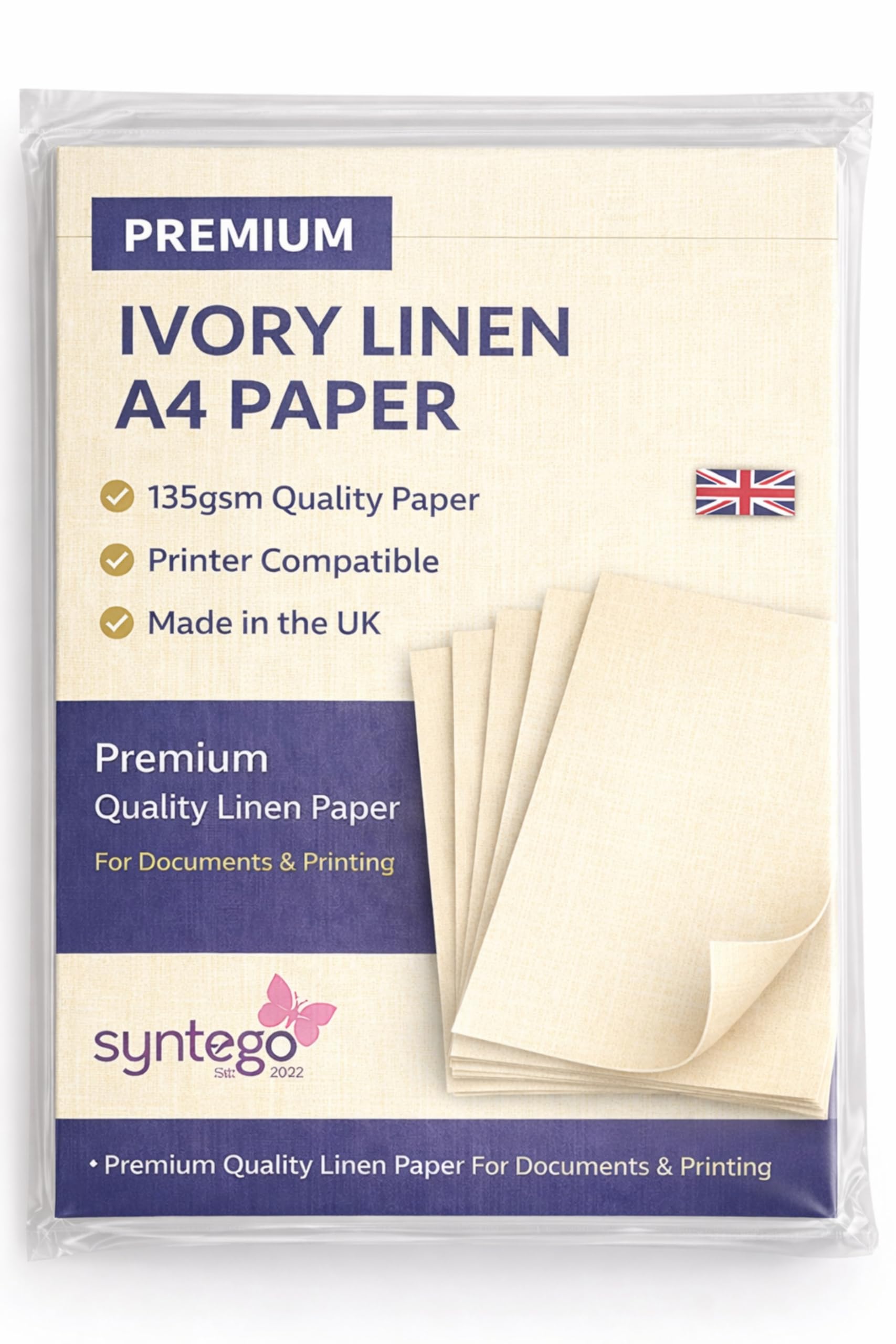 Syntego A4 Linen Paper 135gsm – Recycled Silkweave Textured Printer Paper for Schools, Certificates, Invitations, Crafts & Restaurant Menus (500, Ivory)