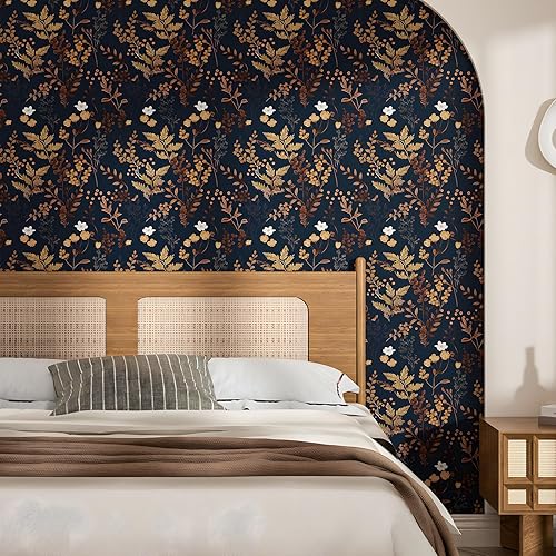 Miniatura 3 de Papel tapiz floral azul oscuro para despegar y pegar, papel tapiz de hojas de oro, papel de contacto para gabinetes, papel de pared autoadhesivo