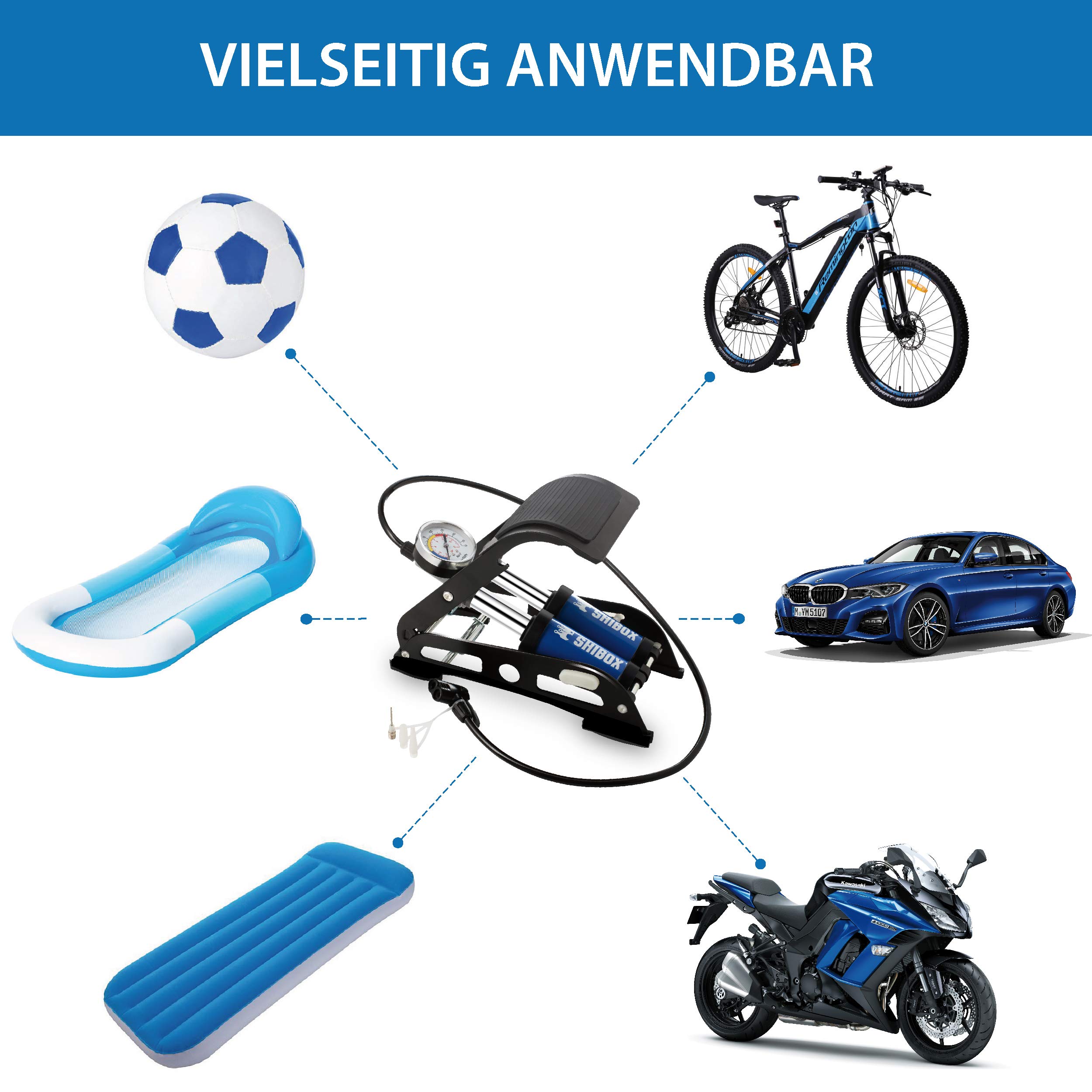 Pompa a pedale per bicicletta, tutte le valvole, pompa ad aria a pedale con manometro e tubo extra lungo (100 cm), pompa a pedale per auto, pompa ad aria, per tutte le valvole, anche per auto e moto