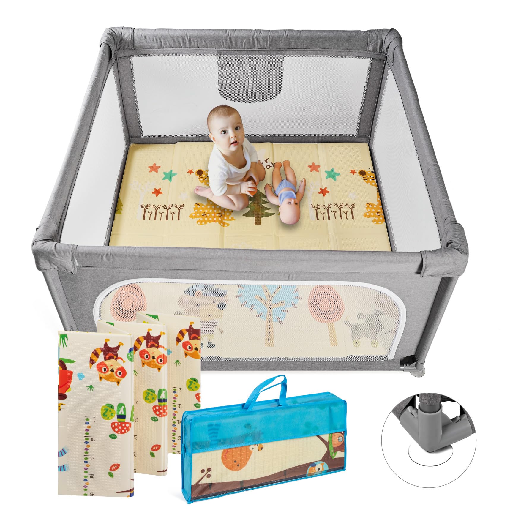 MS BabyWorld - Recinto per bambini L + Tappeto gioco per bambini 120 * 120cm - Tappeto bifacciale, altamente imbottito (spessore 1 cm), Box molto grande e alto - pieghevole e con borsa trasporto