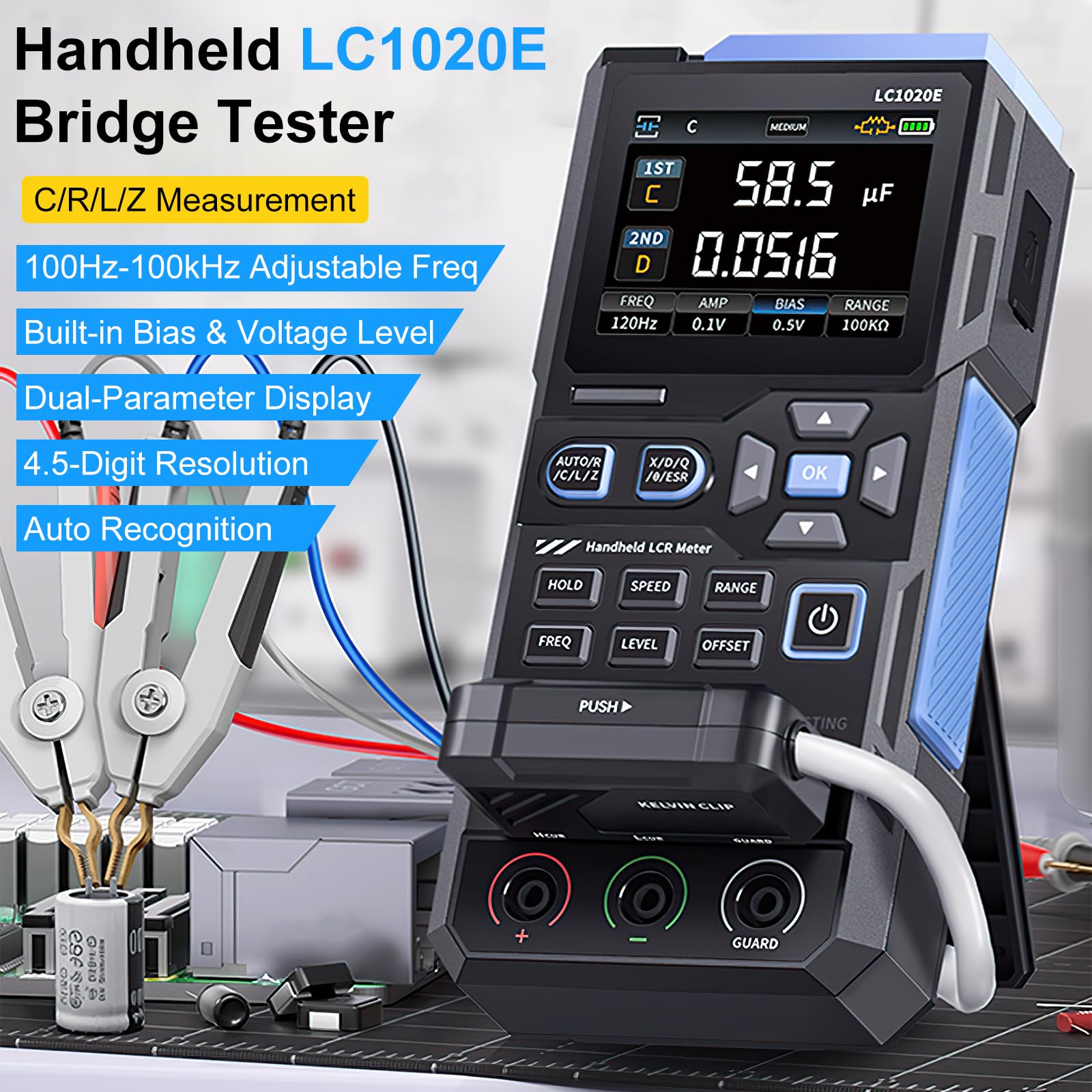 LCR Messgerät, LCR-Meter Digitalbrücke Einstellbare Frequenz 100 Hz -100 kHz ESR Tester LCR Meter mit LCD-Display für Widerstandskapazität Induktivität Messung