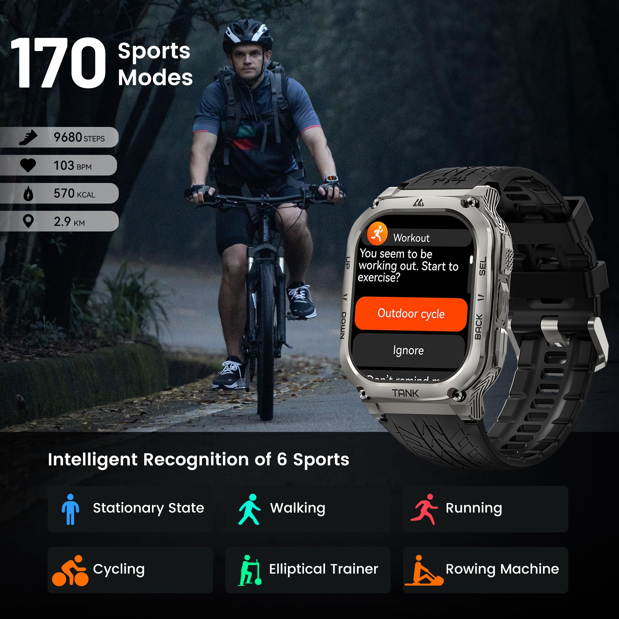 KOSPET TANK M3 Smartwatch Uomo, 1.96" AMOLED HD Display, Orologio Uomo Rispondere/Fare Chiamate, 170 Modalità Sportive, 5ATM Impermeabile, Corpo in Acciaio Inox Metallico per Android/iOS (Argento)