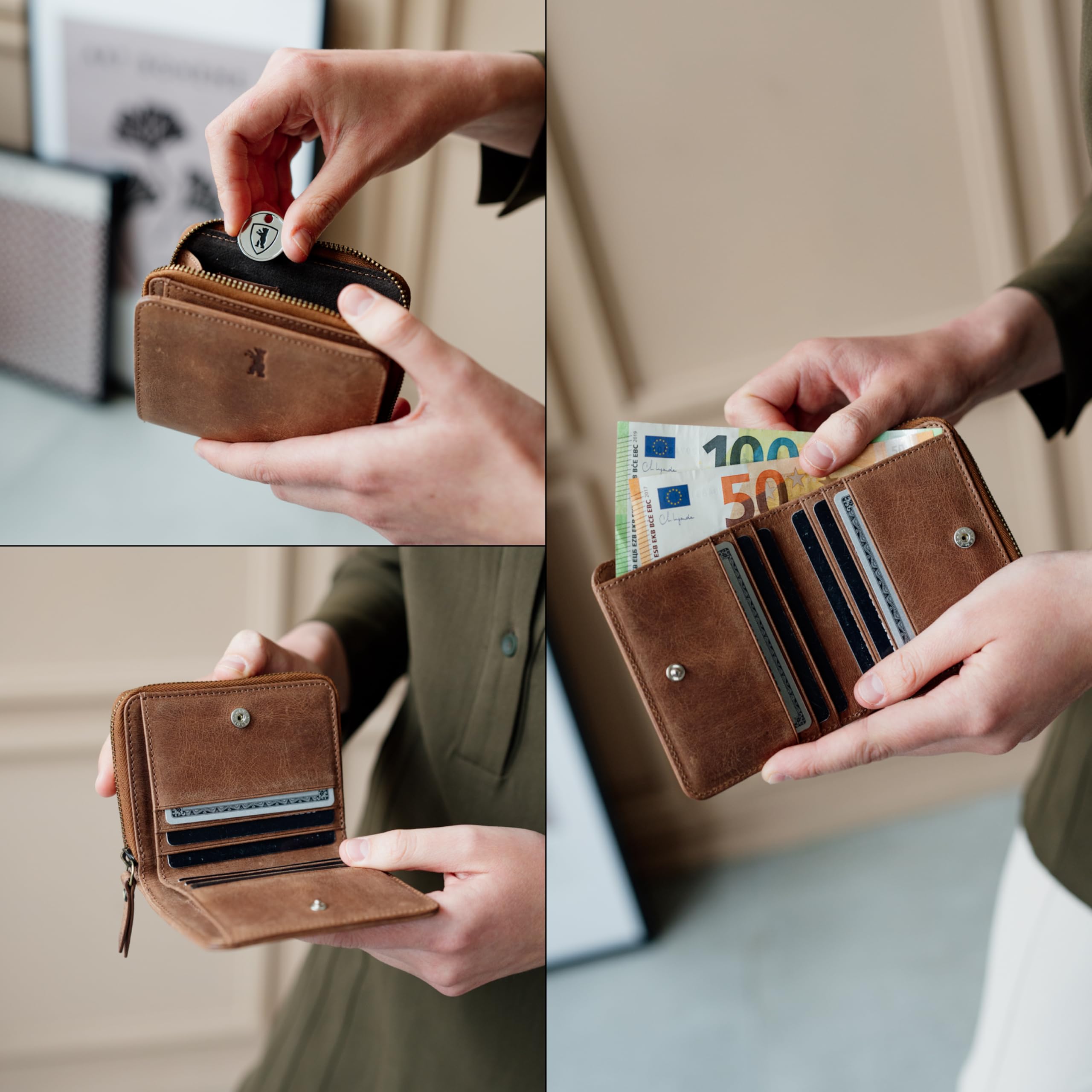 Berliner Bags Vintage Geldbörse Sara, Kleine Portemonnaie aus Leder mit RFID-Schutz, Braun