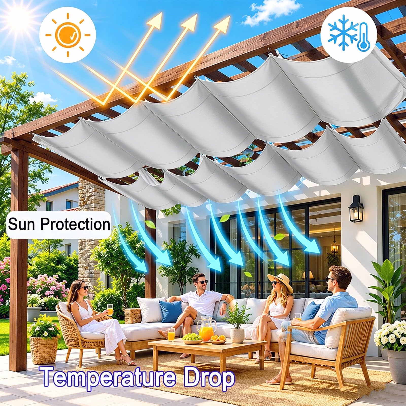 Ausziehbares Wellen-Sonnensegel 2.6 x 8 m 98% Uv-Schutz Reißfest Wetterfest Rechteckig Winterfest mit Ösen Verstellbare Schattenabdeckung für Balkon Terrasse Garten, Hellgrau