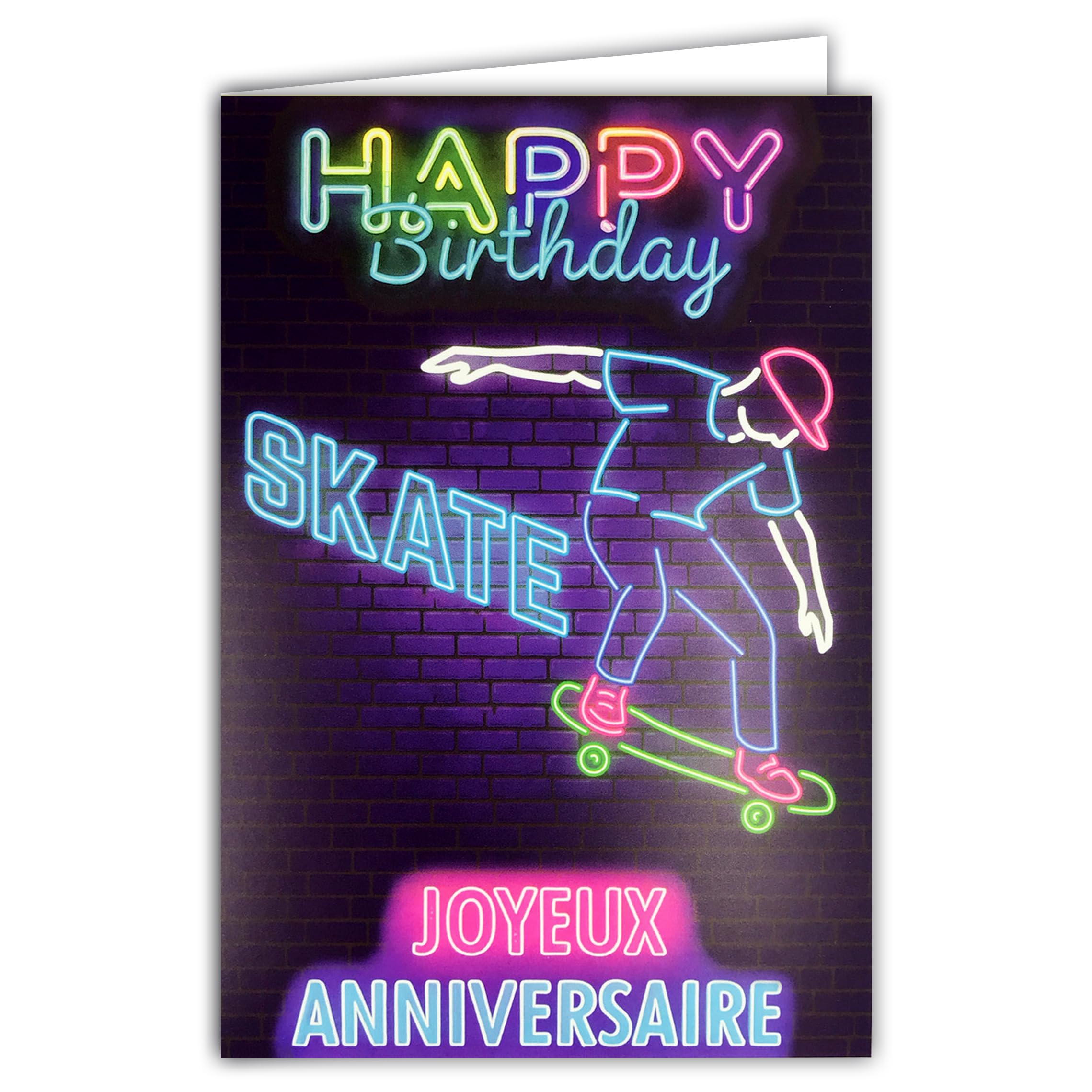 69-8123 Neon Card Text Happy Birthday Happy Birthday Skateboard Skateboard with Envelope 12 x 17.5 cm – Urban Sports Cap – Real Neon Inks – Created and Made in France