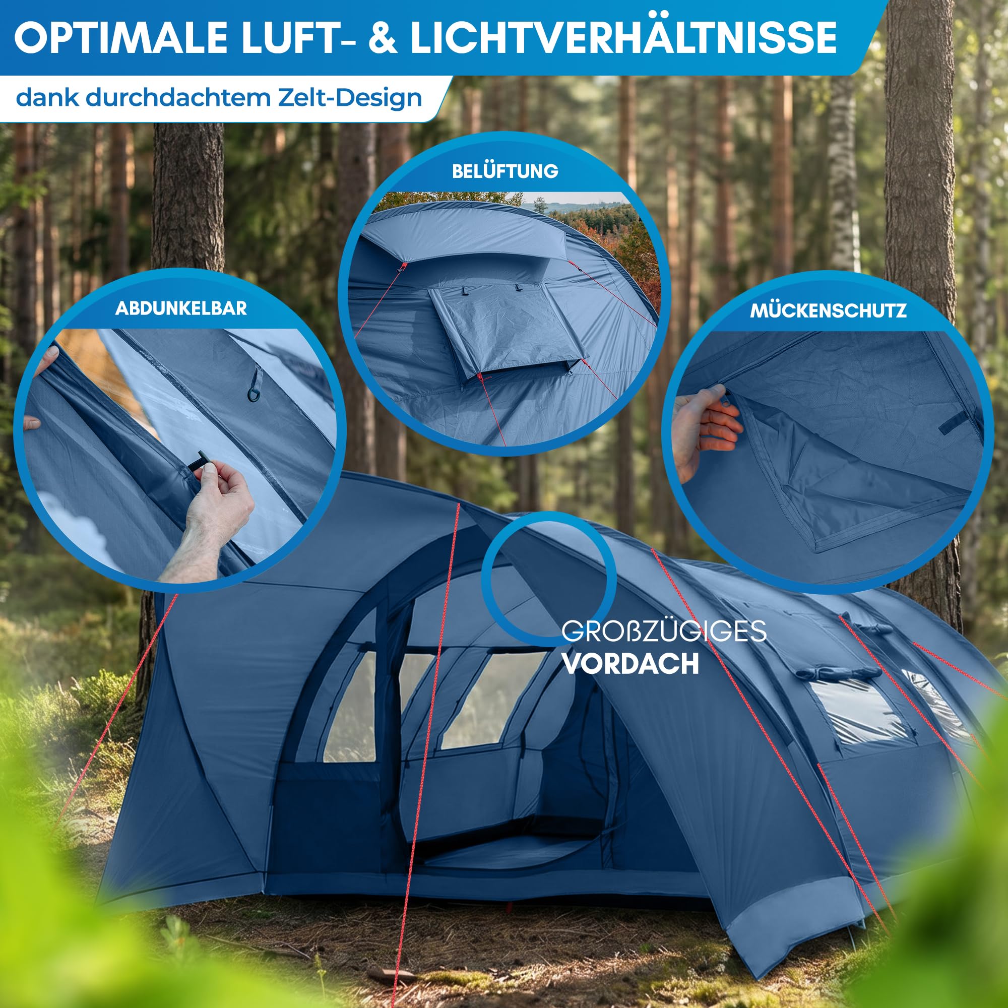 NORDMUT® Tunnelzelt 4 oder 6 Personen windfest inkl. Vordach & Boden – stabiles Familienzelt mit Stehhöhe – Campingzelt wasserdicht mit hervorragender Luftzirkulation