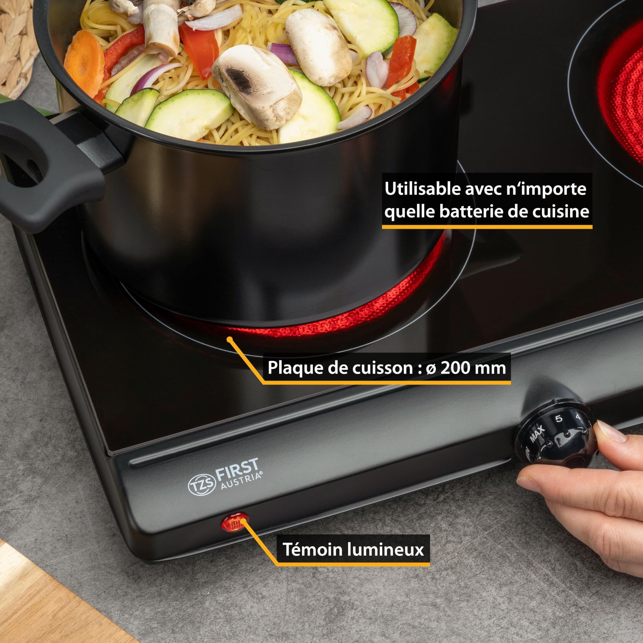 TZS First Austria - Plaque Infrarouge Double 2500W - Ø 2 x 150 mm - Réchaud portable avec protection antisurchauffe & thermostat réglable - Plaque vitrocéramique pour tous types de casseroles