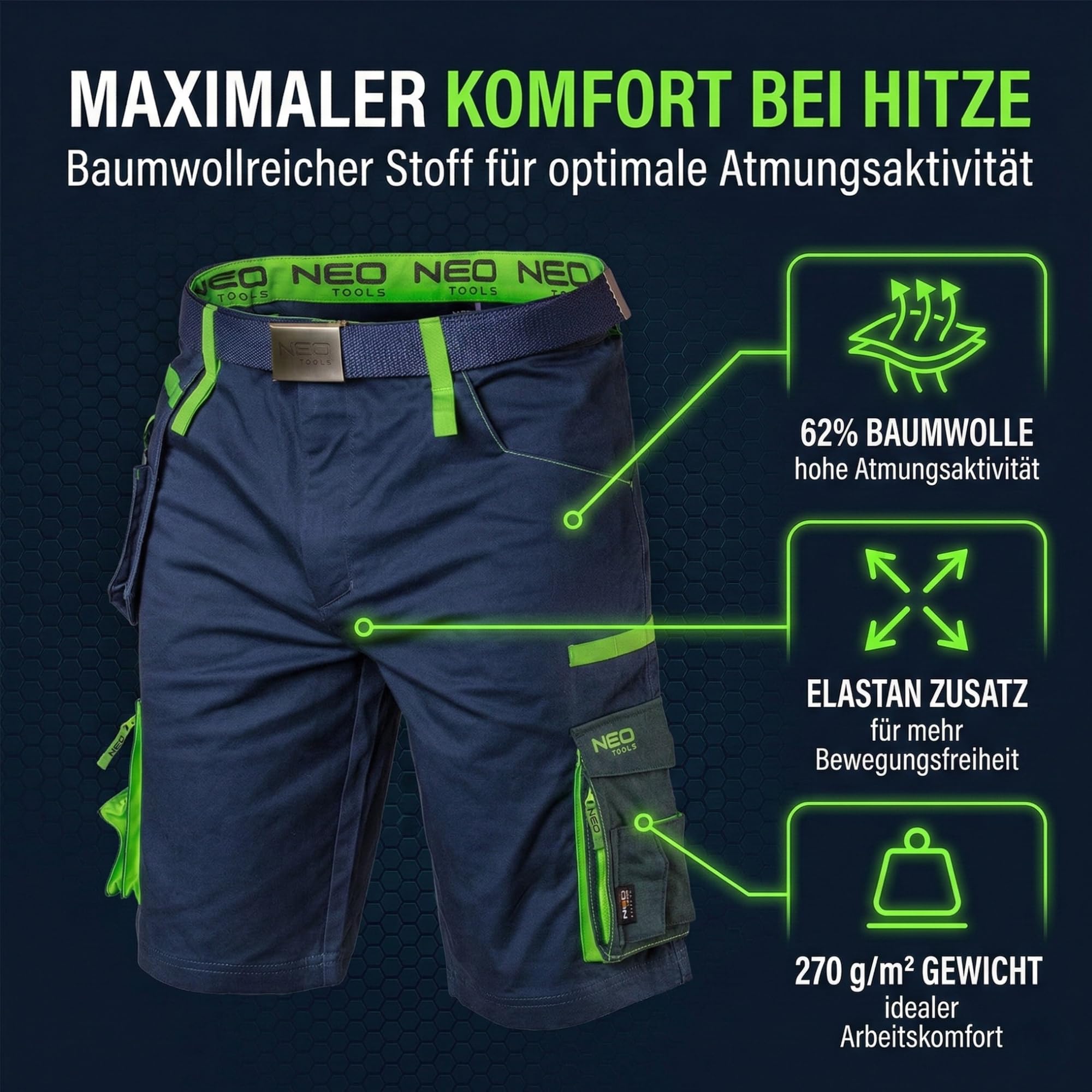 NEO TOOLS Herren Premium Kurze Arbeitshose mit Hosengürtel oder Komplett Sommer-Arbeitskleidungsset Set - Gr. XS - 3XL | Modisches Design, mit Cordura Verstärkt, Multifunktionstaschene