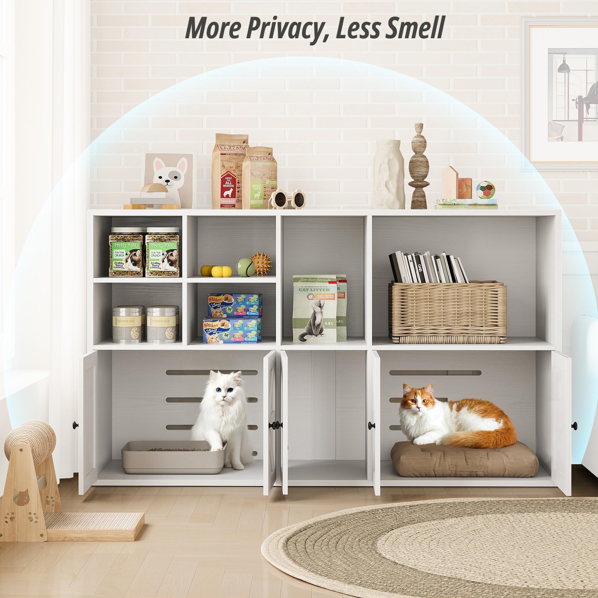 IRONCK Cat Litter Box Enclosure for 2 Cats, Litter Box Furniture Hidden with Double Room and Large Storage Space, Wooden Washroom Furniture, Cat House, White - image 4