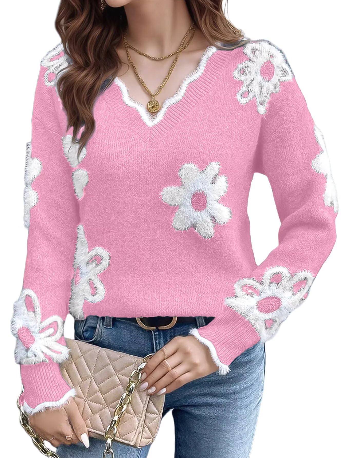 Flamingals Flower Sweaters for Women 2025 Scalloped V Neck Floral Pattern Kintted Sweater with Flowers Fall Winter Clothes