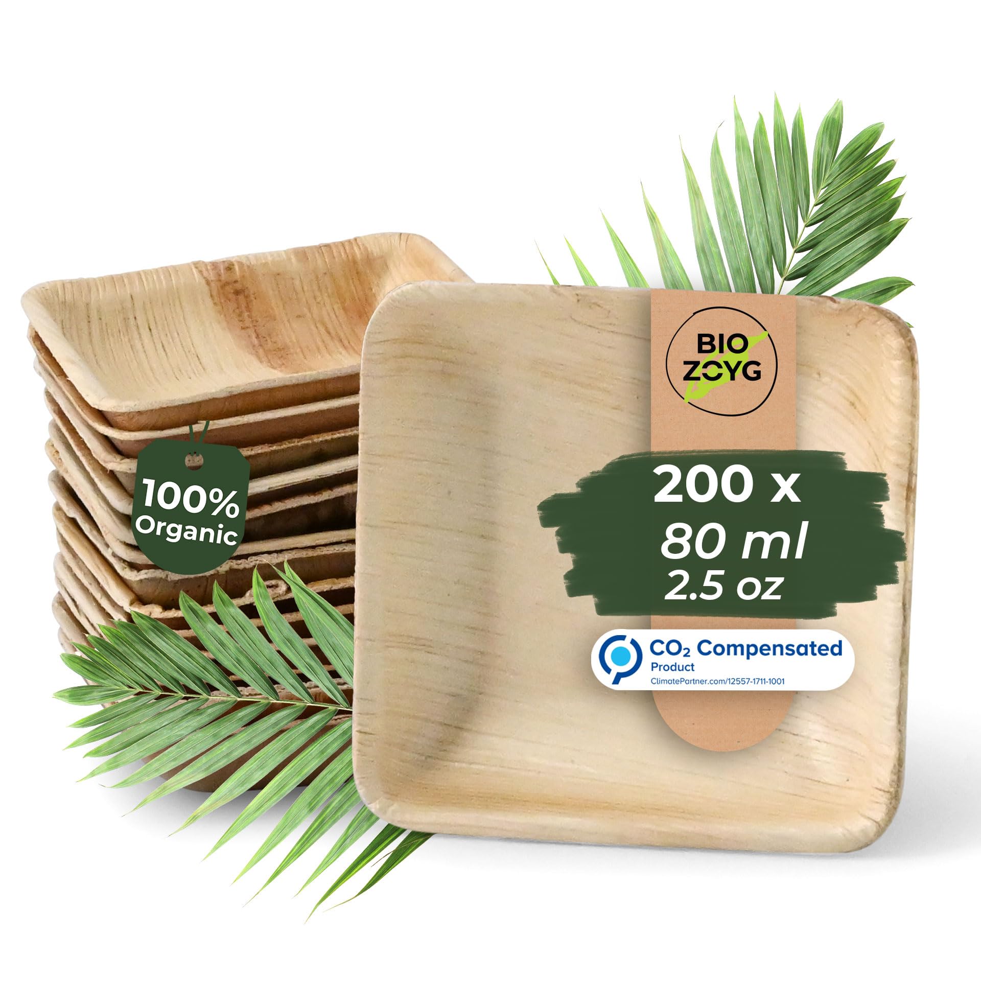 BIOZOYG 200x Piattini per Dipping in Foglia di Palma 80 ml Quadrati - Mini Ciotoline per Finger Food, Monouso - Piccole Ciotole per Salse, Salse e Condimenti