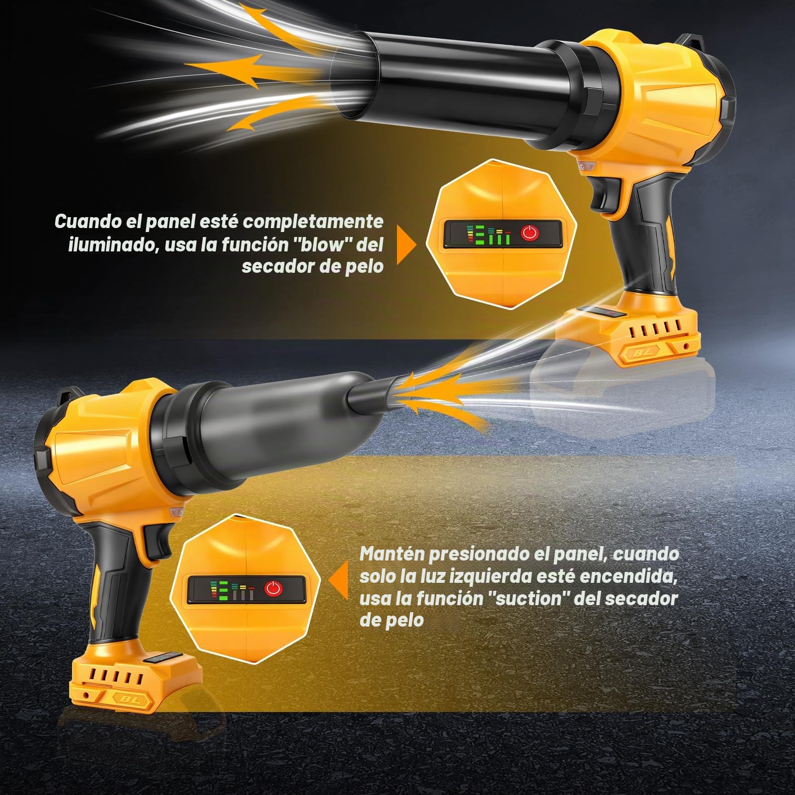 WingFly Soplador de Hojas Compatible con Dewalt 18V, 20V Batería, Velocidad de Aire 50 m/s, Ajustable Velocidades para Limpiar Hojas, Eliminar el Polvo, Sin Batería
