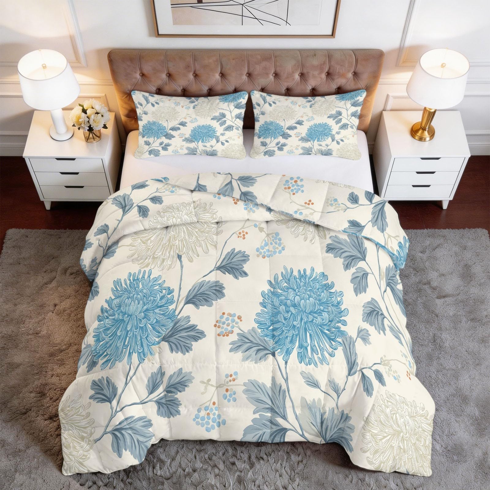 Piumone Invernale Matrimoniale 220 x 240 cm Motivo A Crisantemi Foresta Disegnato A Mano Trapunta in Ecopiuma 400 gr/mq, Caldo ed Elegante – Biancheria da Letto Anallergica e Traspirante, Crema
