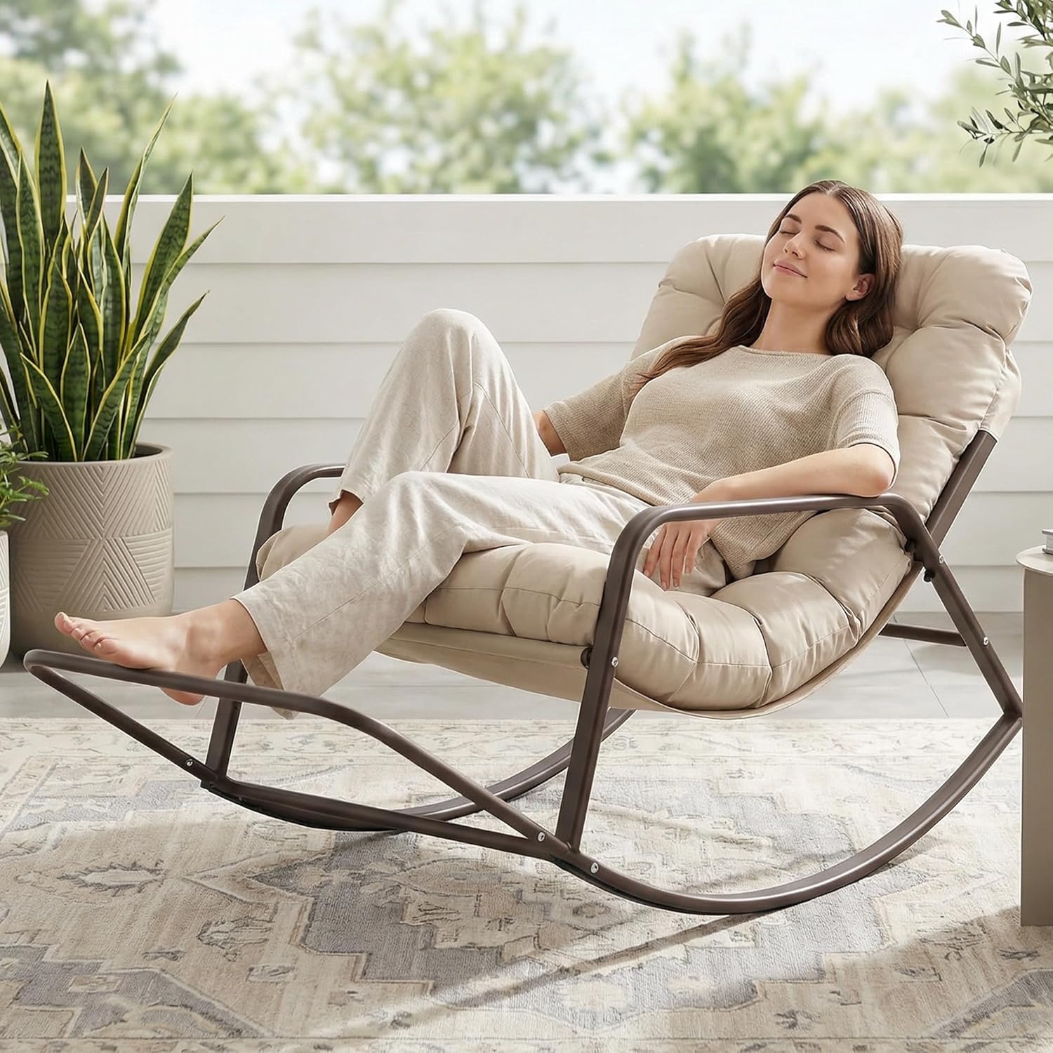 RADIATA Rocking Lounge Chair, Indoor Outdoor Reclining Lounger with Footrest & Cushion, 400lbs Weight Capacity, Comfortable Rocker for Relaxation, Reading and Napping (Beige)