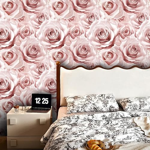 Miniatura 4 de Abyssaly Papel tapiz moderno con diseño floral rosa para despegar y pegar, 17.7 x 118 pulgadas, papel de contacto de flores rosas para decoración de