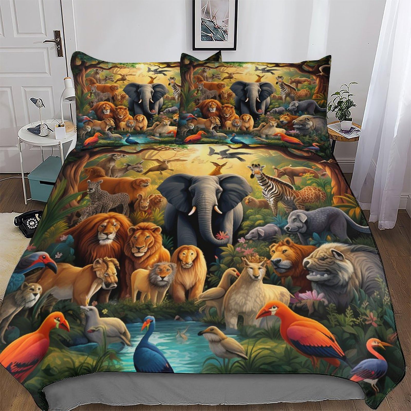 Pazzk Jungle Animals Printed Duvet Cover Set 3 Pcs With Pillowcases - Ultra Soft Hypoallergenic Microfiber Quilt Cover Bedding Sets For Kids, Youth And Adult Comforter Cover Double (200X200cm)