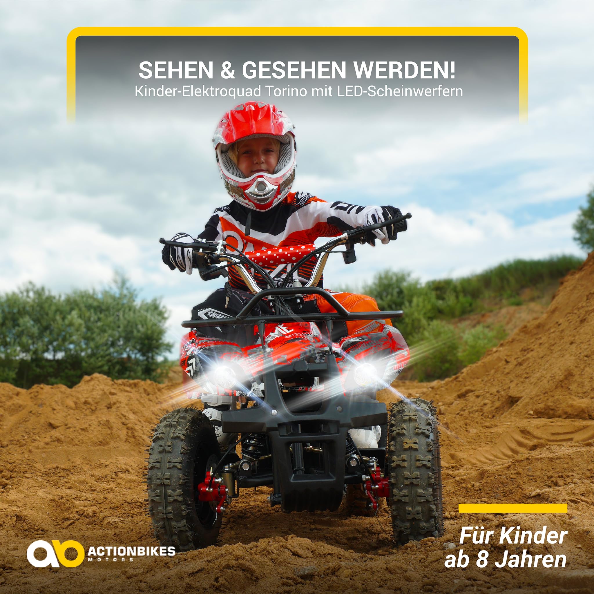Actionbikes Motors Kinder Quad Elektro ATV Torino | 𝟑𝟔 Volt 𝟭𝟬𝟬𝟬 Watt Motor bis 𝟐𝟒 km/h - Kinderquad - Pocket Quad - Safety Fußschalter - Miniquad - Für Kinder ab 8 Jahren (Gelb Graffiti)