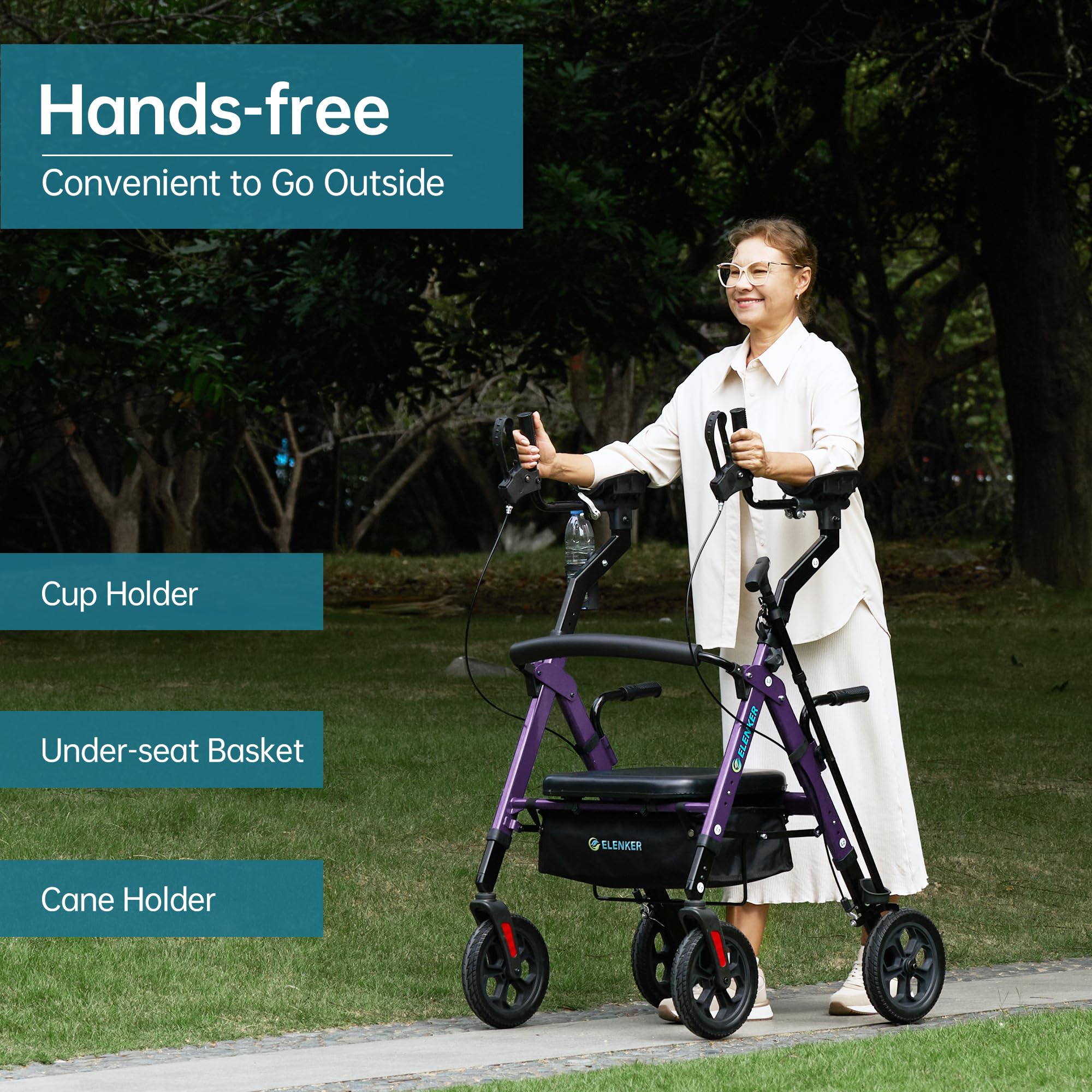 ELENKER All Terrain Heavy Duty Upright Walker with Extra Wide Seat, Foldable Aluminum Bariatric Stand Up Rolling Walker, 10” Wheels, Fully Adjustment Frame, Support up to 500 lbs for Seniors, Purple