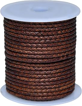 Round Braided Genuine Leather String Bolo Cord, Rope for Jewelry Making, Necklaces, Bracelets, Wraps, Crafts and Hobby Projects (Distressed Dark Brown, 3 MM 5.46 Yards 5 MTR Spool)