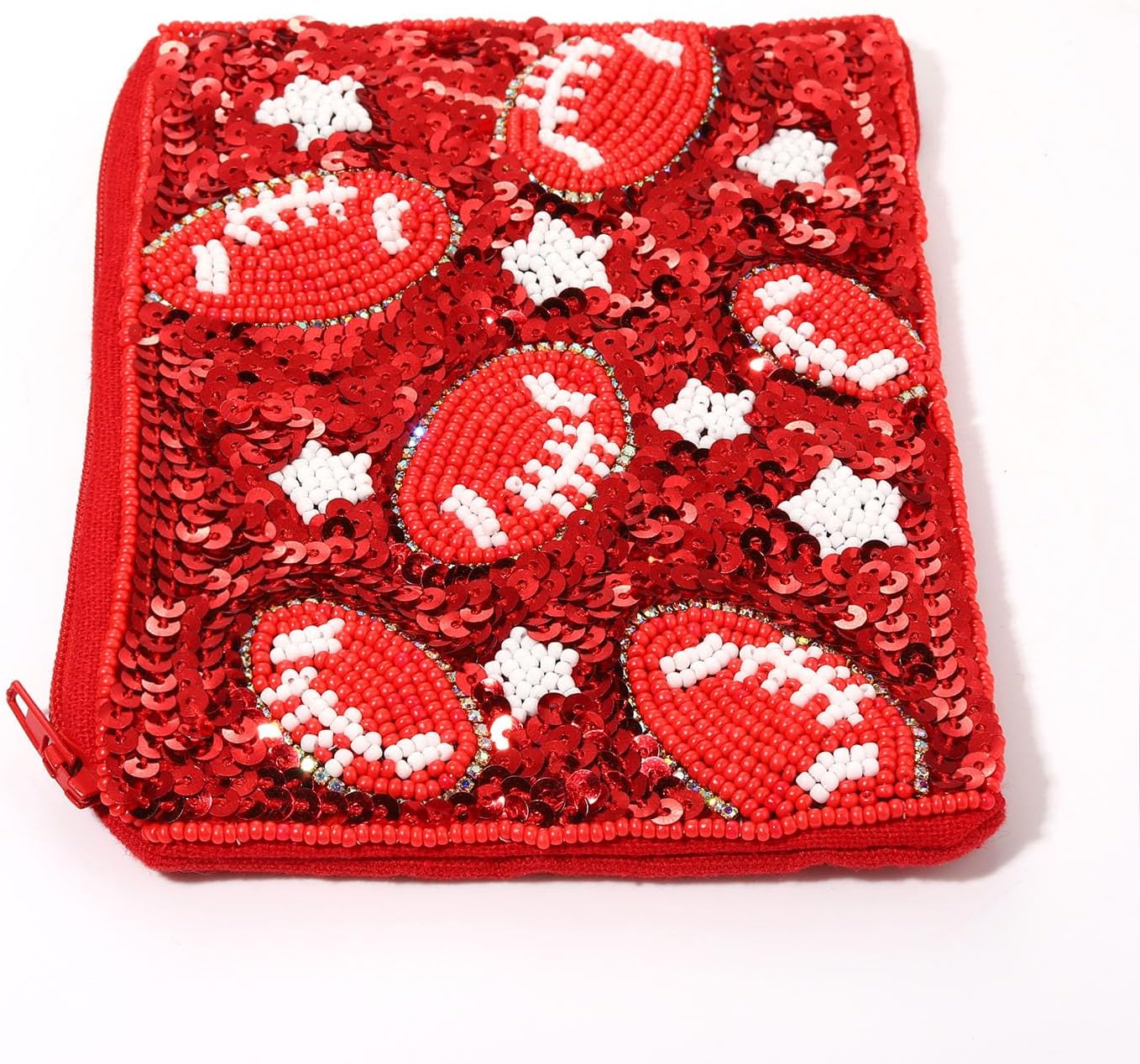 Beaded Coin Purse Pouch Summer Sunshine Watermelon Fruit Coin Purse Handmade Small Change Purse Wallet with Zippers Summer Beach Accessories Gifts (Football Red) - Image 5