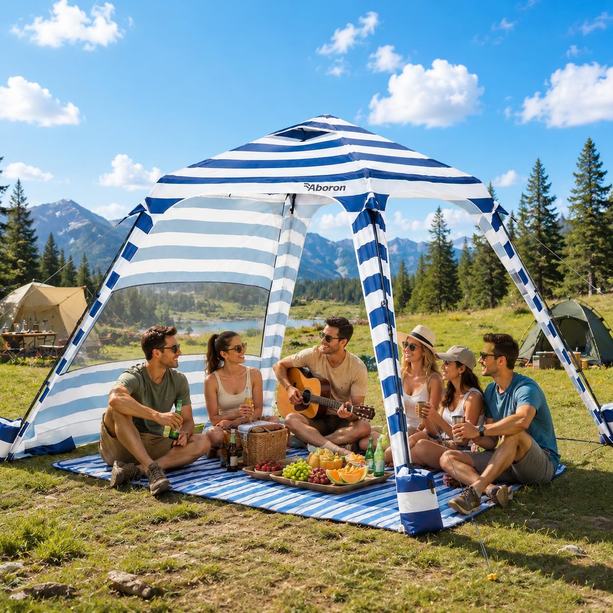 Ytaoeo Strand Pavillon 3x3m mit Seitenwänden UPF 50+ Blau Weiß