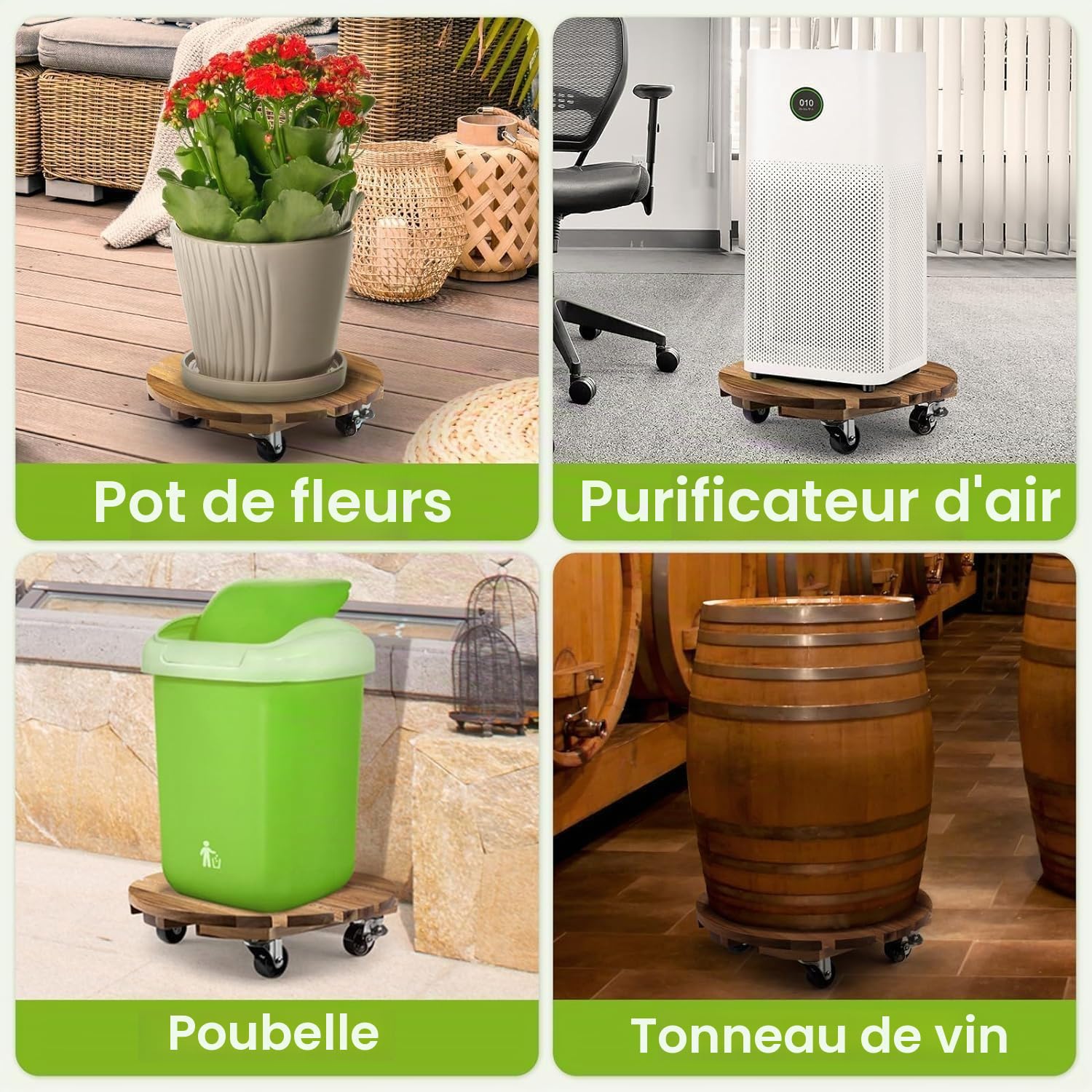 KAHEIGN 2 Pièces Support à Plantes en Bois roulettes avec roulettes, 30CM Plateaux à Plantes Rond Porte Mobile Robuste Chariot à Plantes avec roulettes Métalliques Verrouillables pour Pot de Fleurs