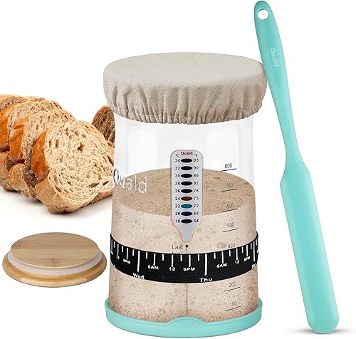 Quald Kit de tarro de inicio de masa madre, tarro de inicio de masa madre de 35 onzas con tapa de bambú y cubierta de silicona