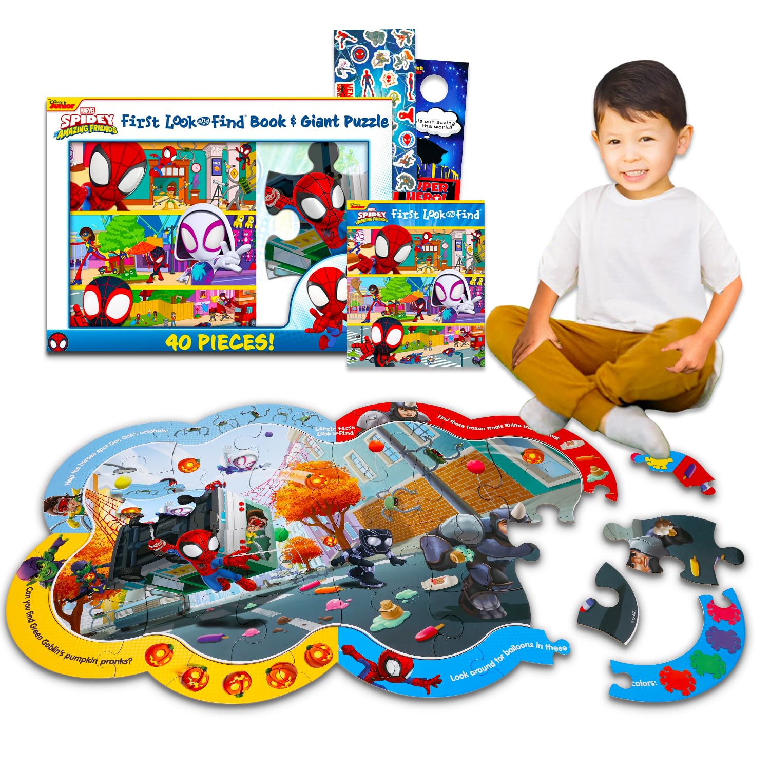 Spidey and His Amazing Friends Bodenpuzzle Set - Bundle mit 40 Teilen Spidey Floor Puzzle, Look und Freund Buch, Stickern, mehr | Spidey and Friends Puzzle für Kinder, Kleinkinder