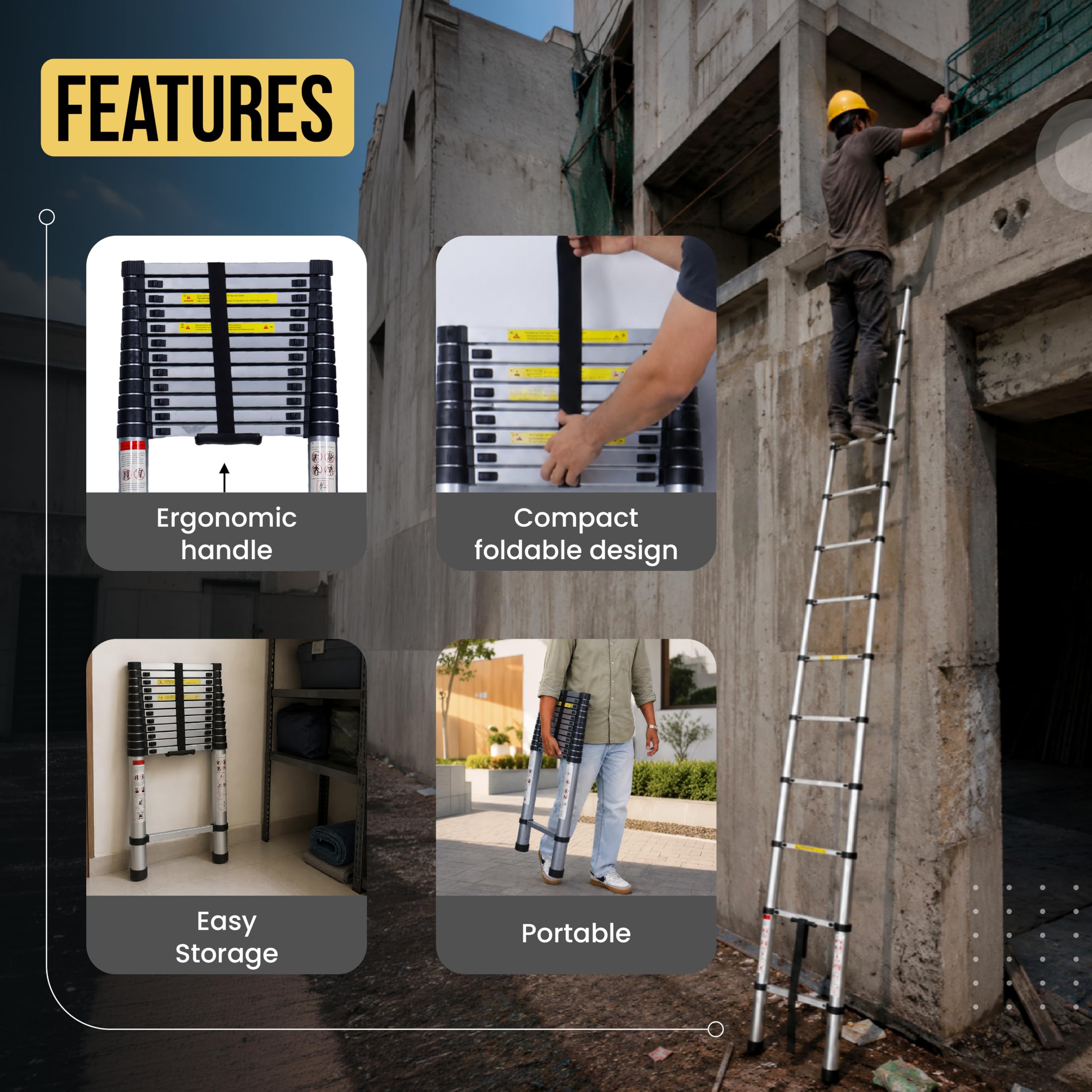 Robustt 12.5 FT / 380 Cm Telescopic Folding Ladder | 150 kg Load Capacity| Locking Steps| Collapsible | Portable Ladder for Home, Construction and Outdoor use | 2 Years Warranty — Amazon image 7