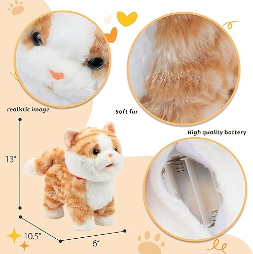 Miniatura 6 de Easfan Gatito que camina de 12 pulgadas, eléctrico, interactivo, musical, juguete de peluche con correa de control remoto, cola de maullido, regalos