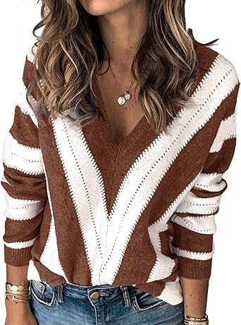PRETTYGARDEN Sweaters for Women 2025 Long Sleeve Striped Knitted V Neck Pullover Jumper Tops Fall Outfits Fashion Clothing