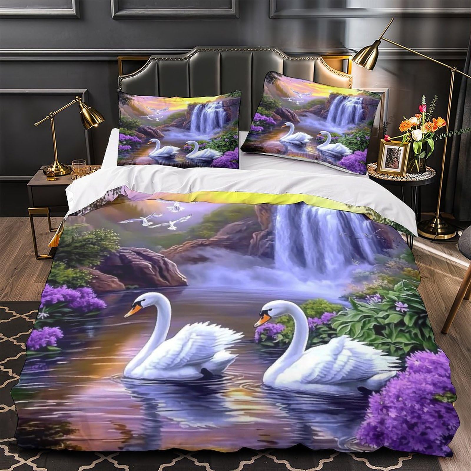 Parure de lit cygnes cascade 3D microfibre ultra douce de qualité