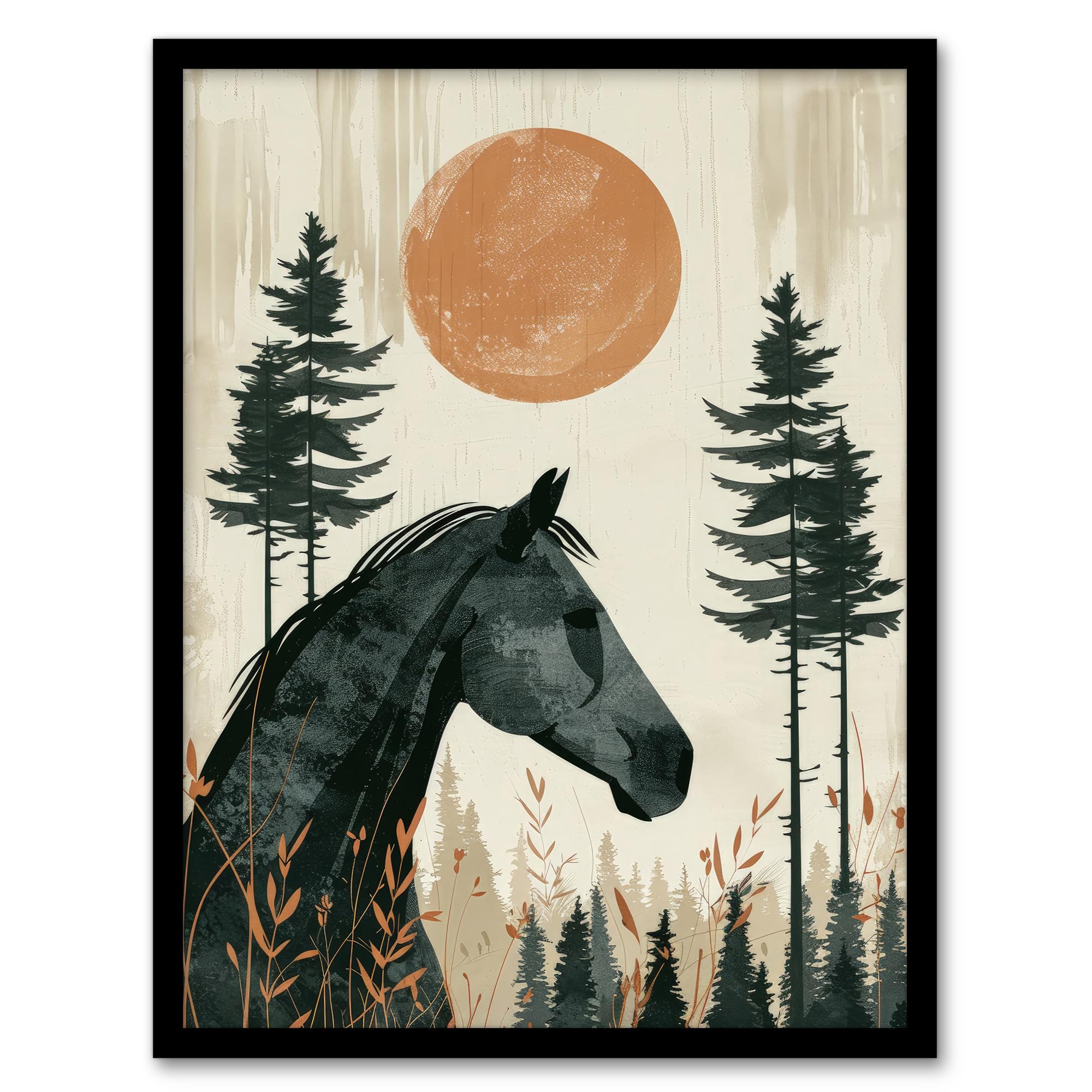 Horse and Pine Trees Boho Style Wall Art Print - Framed Poster 12x16 inch - Black