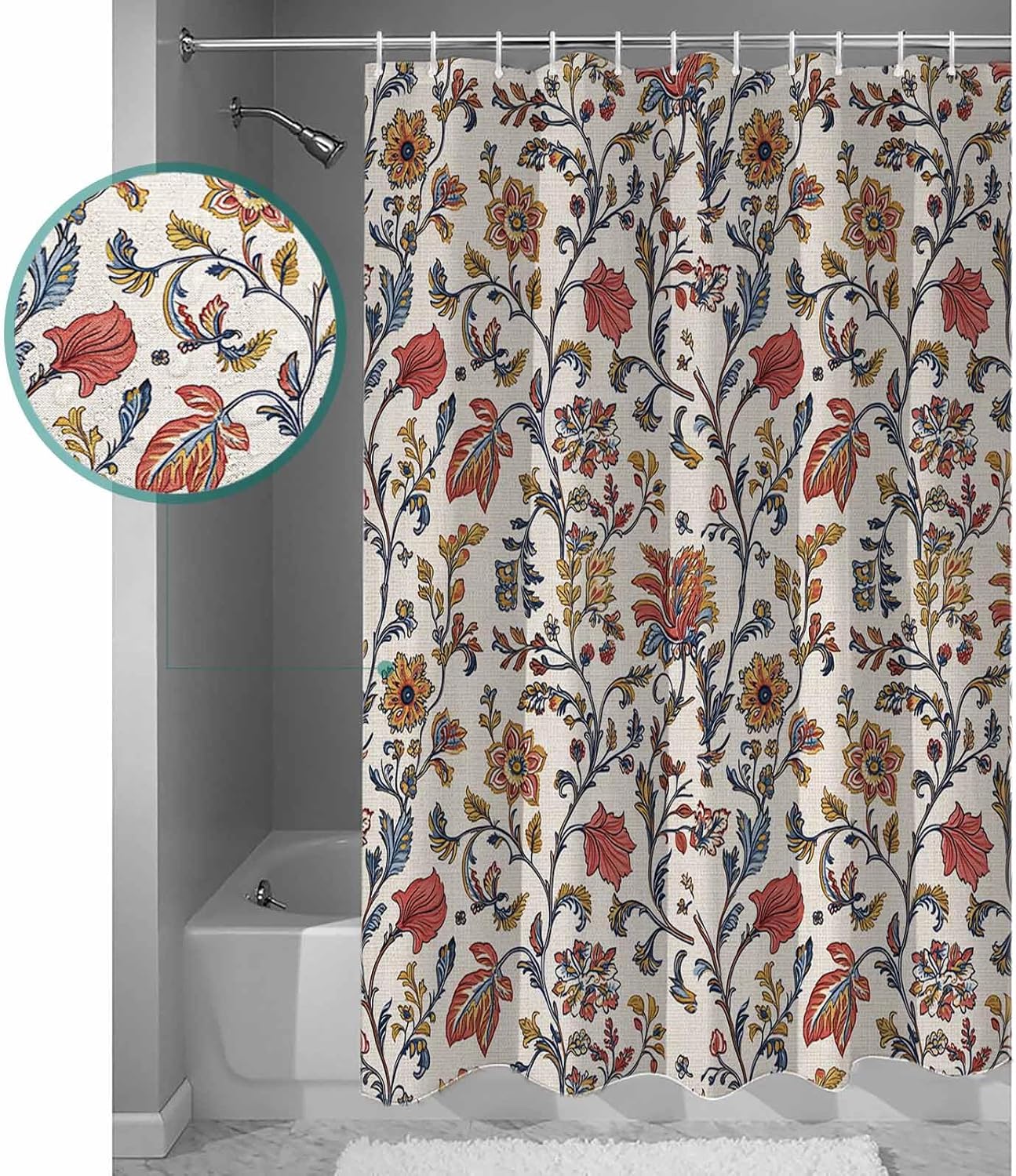 Orange Red Leaf Waterproof Shower Curtains Set - Extra Long 72 x 78 Inch, Vintage Farmhouse Boho Pastoral Tribal Polyester Fabric Bathroom Curtain with 12 Hooks, Bathroom Accessories, 1 Panel