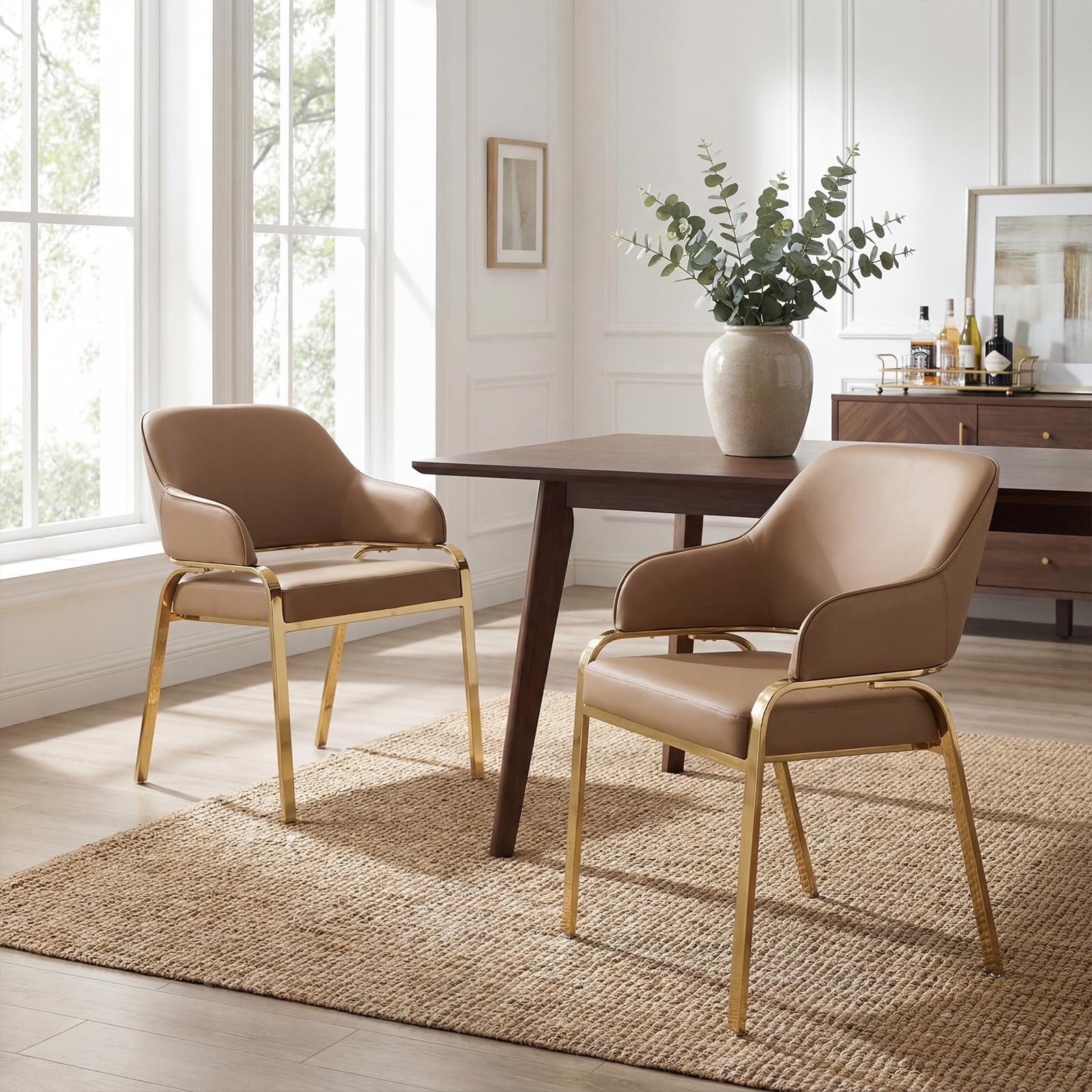 Ya-Home Leather Dining Chairs Set of 2 Kitchen Chairs with Gold Legs, Brown