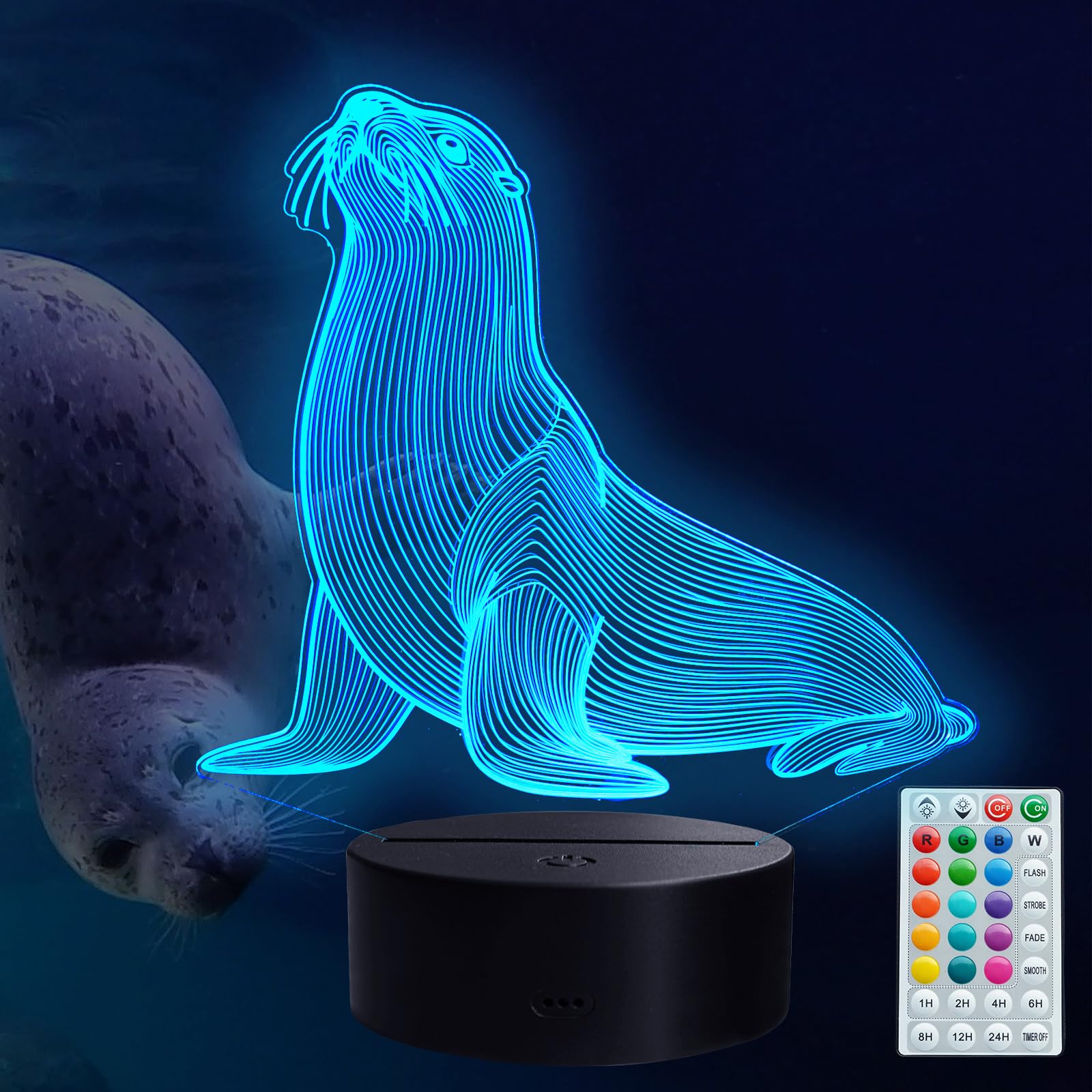 POSSHE Seal 3D Night Light, Seal Gifts, 3D Illusion Lamp with Remote Control, 16 RGB Colors, 4 Flashing Modes, Timer, Dimmable, Marine Animal Toys, Stuff and Ornament for for Holiday Birthday