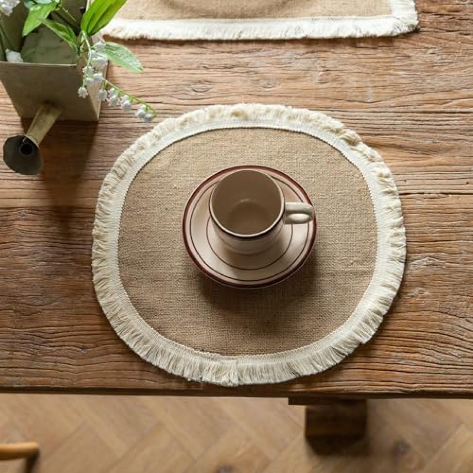 Set table lin dentelle florale marron beige 45x30 cm lavable