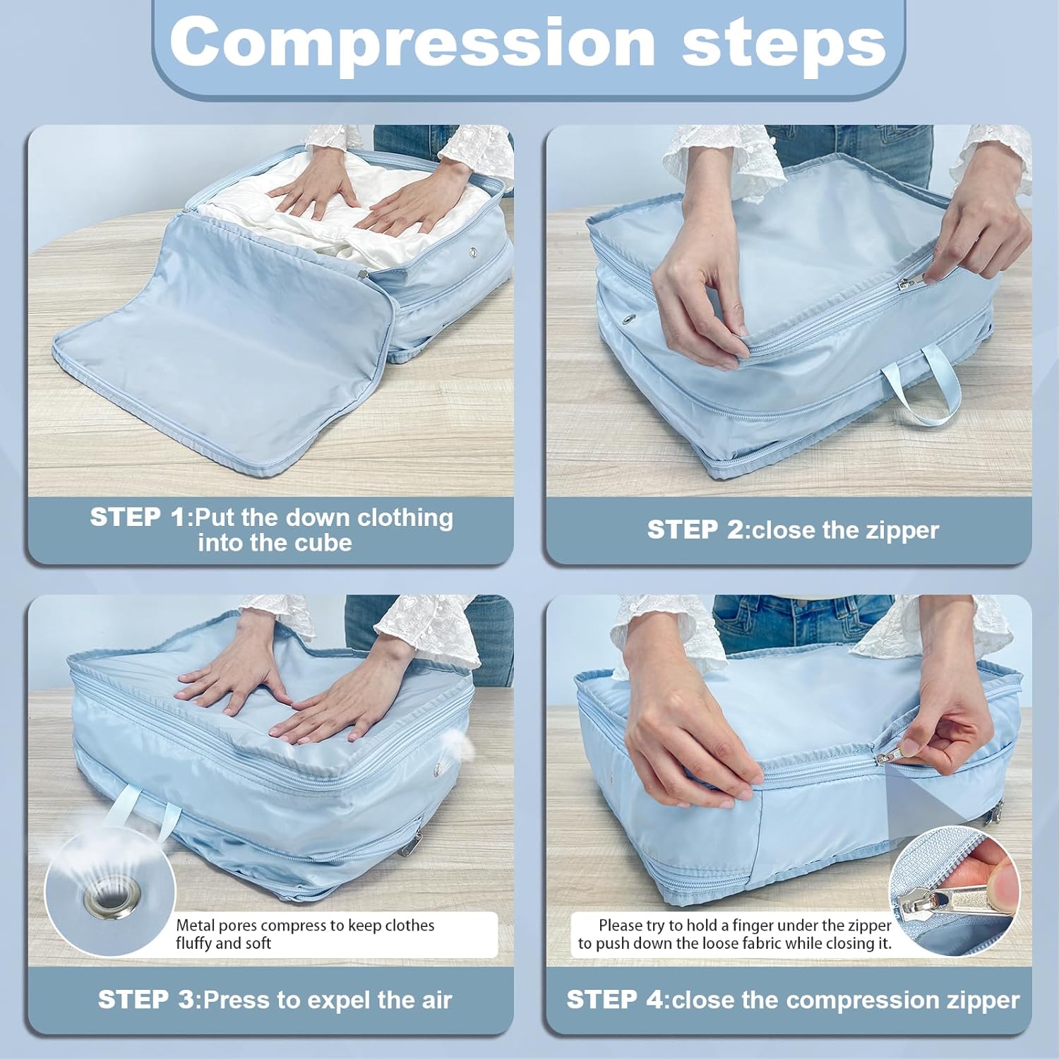 2 Set Compression Packing Cubes for Travel, Expandable Luggage Organizers Bag, Large Compression Cubes for Packing, Travel Accessories for Suitcase Organizer Bags Set (Light Blue) - Image 6