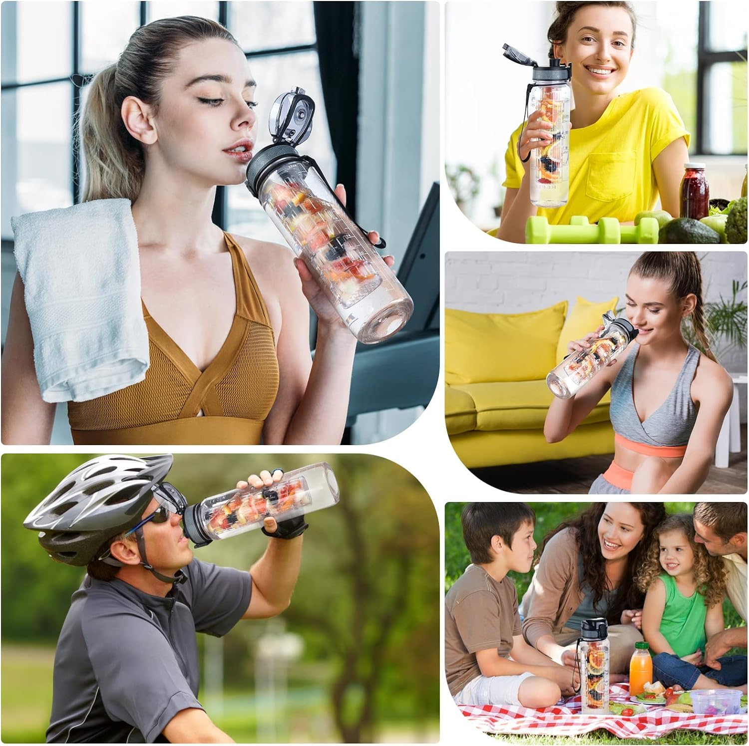 UTEBIT Borraccia 2 Litri con Infusore per Frutta, 2L Borraccia d'Acqua Motivazionale Senza-BPA con Linea Indicatrice, Bottiglia Sportiva Adatto per Trekking, Ufficio, Ciclismo, Palestra, Scuola