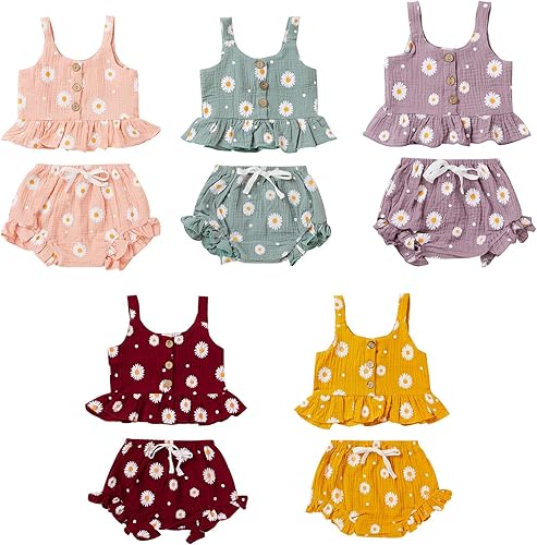 Miniatura 2 de Conjunto de ropa de verano para niños y niñas pequeñas, camiseta sin mangas con margaritas, pantalones cortos florales