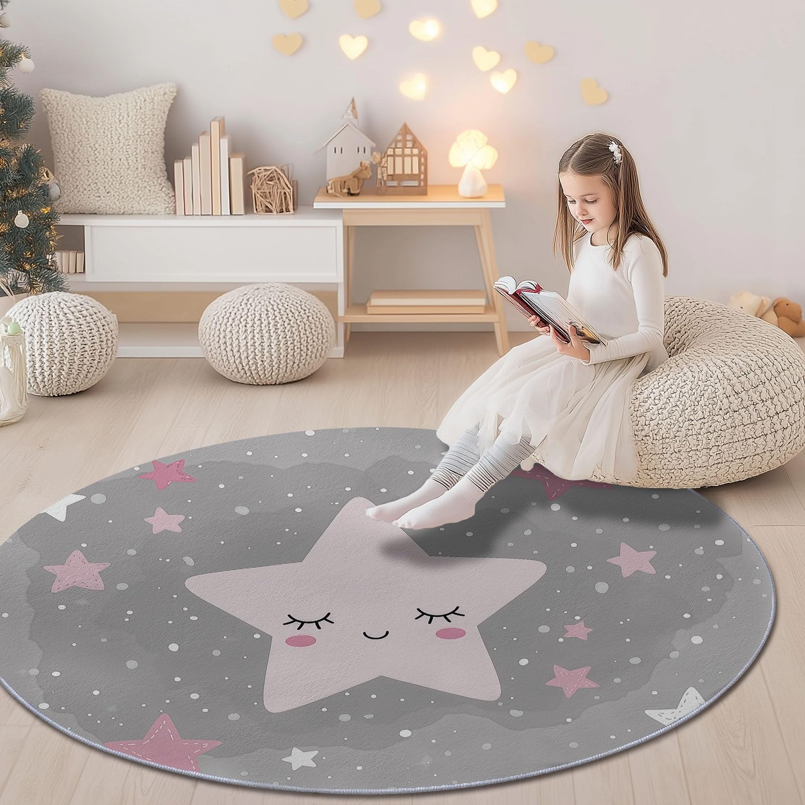 Generisch Teppich Wohnzimmer Rund 120 cm, Teppich Schlafzimmer Grau Rosa Kurzflor Wohnzimmerteppich Niedliche Cartoon-Sterne, Waschbar rutschfest Rund für Wohnzimmer Schlafzimmer Esszimmer