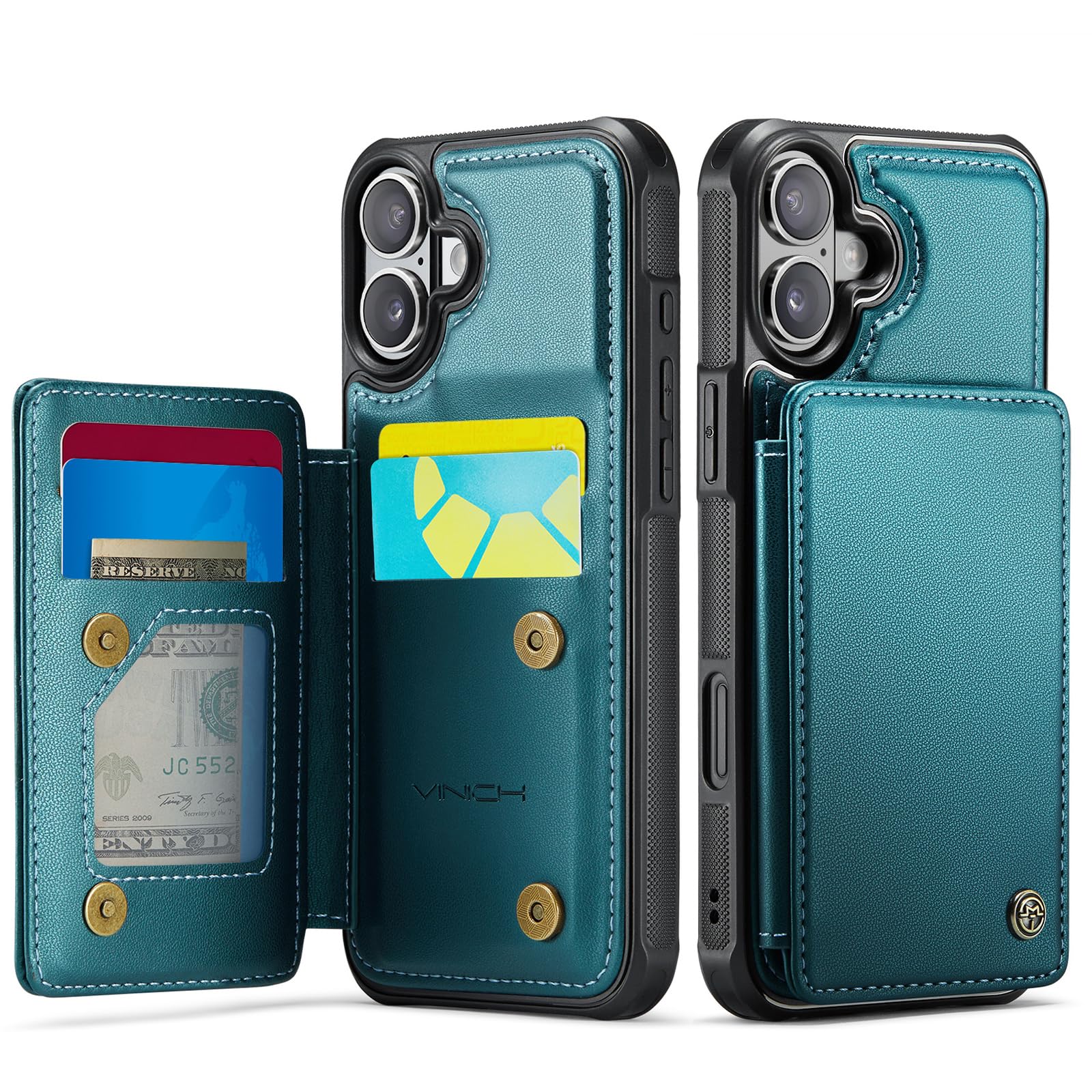 Photo 1 of Vinich for iPhone 17 Wallet Case with Card Holder, RFID Blocking Credit Slots Kickstand Shockproof Phone Cover Fit for iPhone 17 6.3" Bluish Green