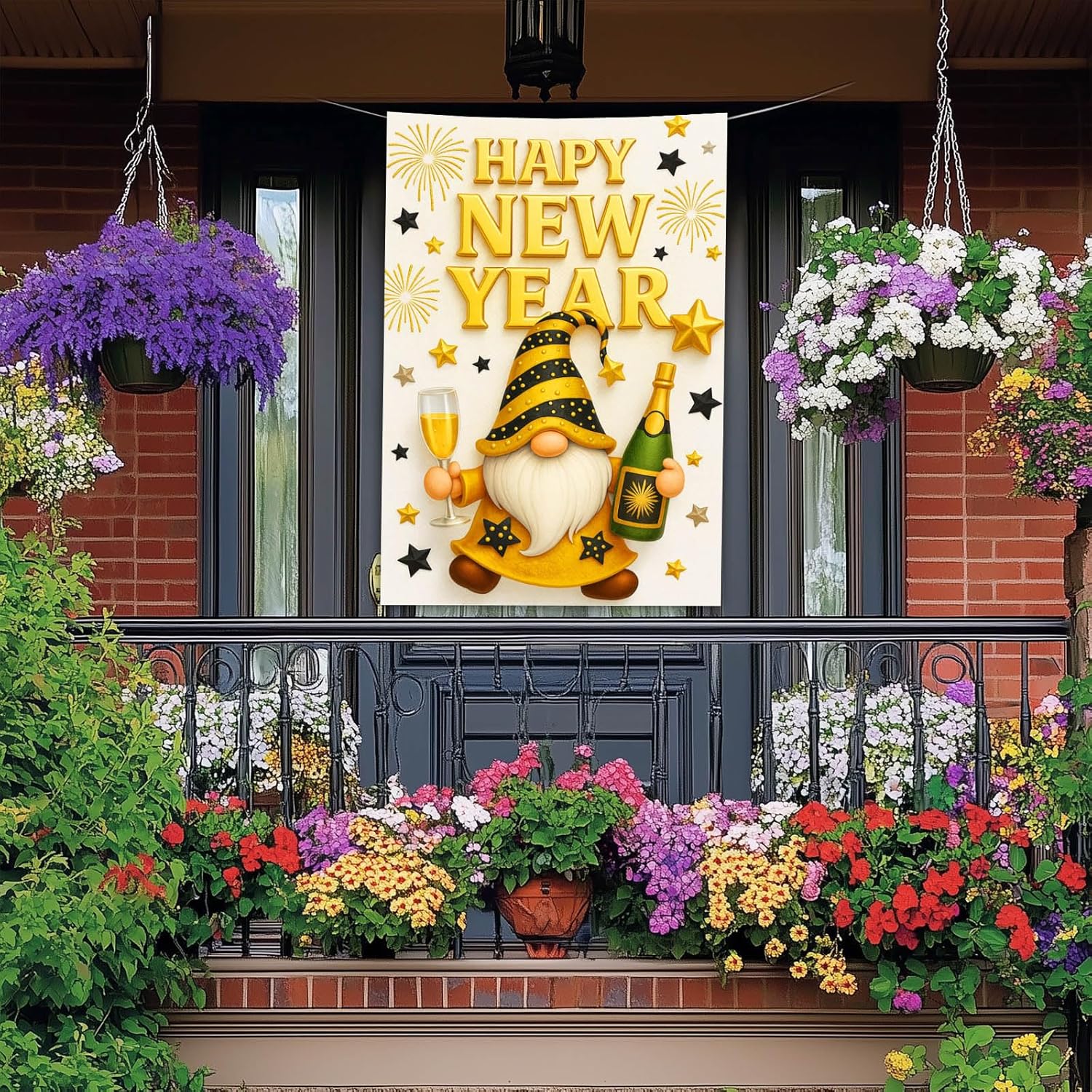 Happy New Year House Flag 28x40 Inch Double Sided Garden Flag Gold Gnome Champagne and Star Design Winter Holiday Yard Banner Large Outdoor Polyester Flag for Porch Lawn Home Decoration - Image 2