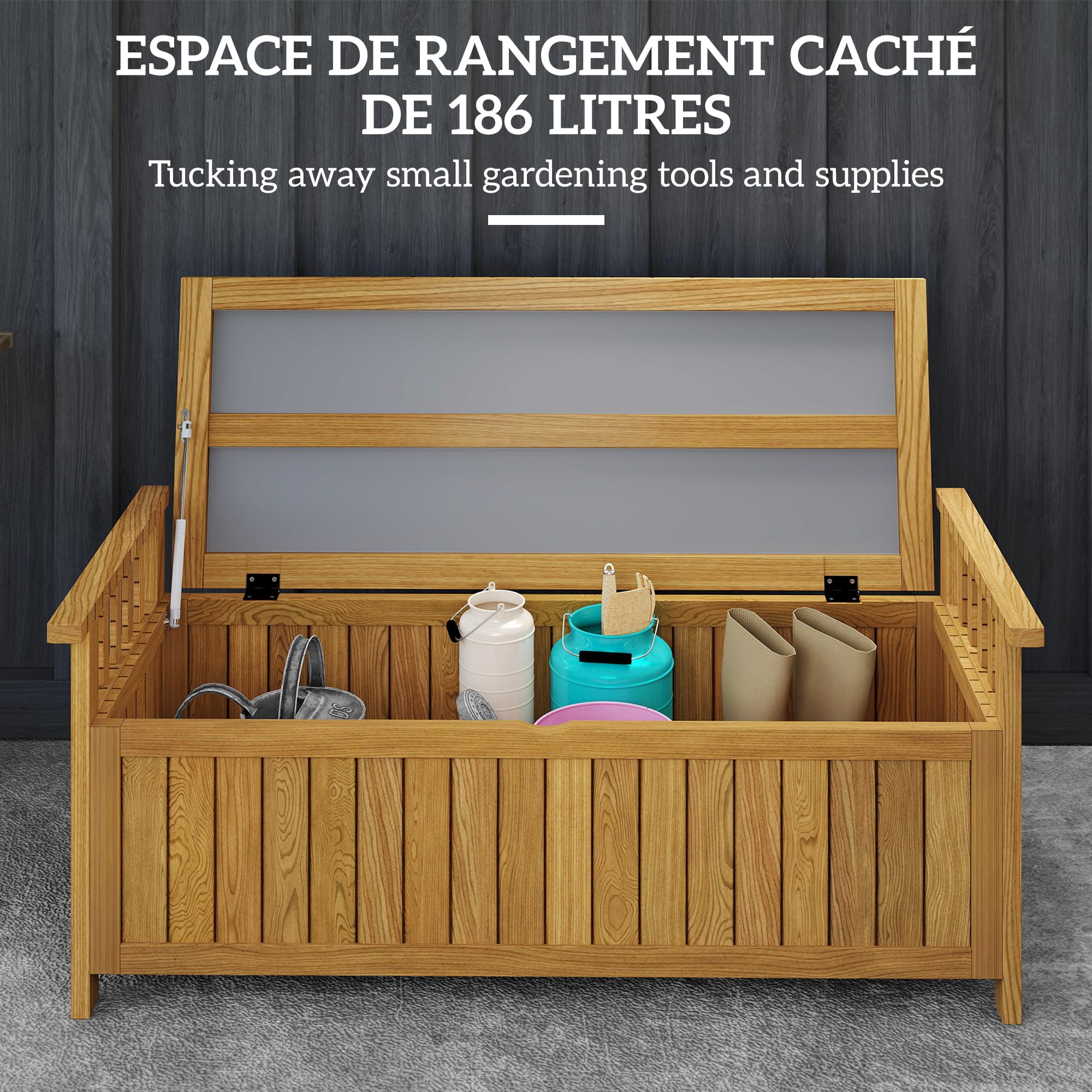 Outsunny Banc de Jardin en Bois 2 Places avec Espace de Rangement de 151L, Banc d'extérieur avec accoudoirs, Charge 240 kg, pour Jardin Balcon, 128,5 x 52 x 53,5 cm Marron