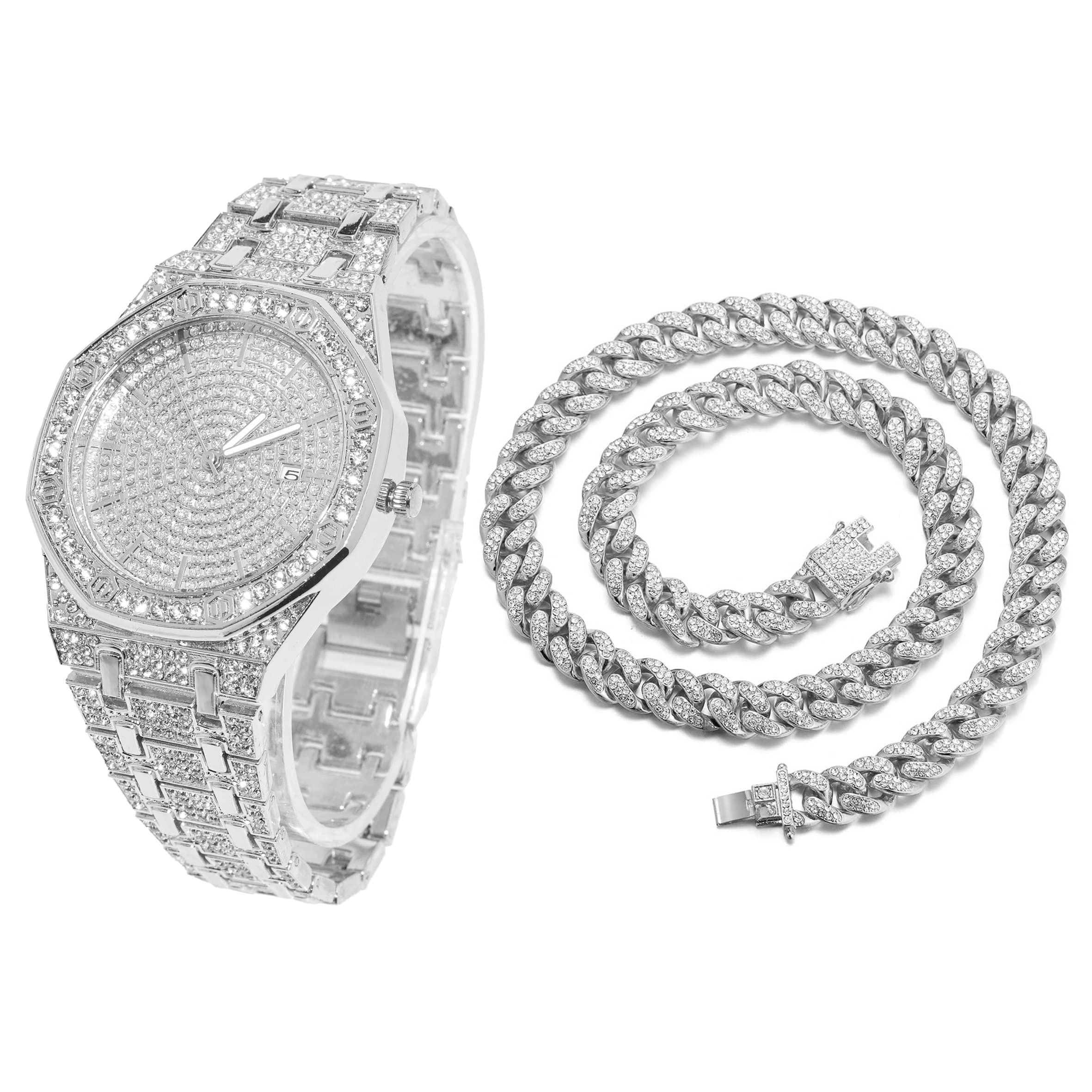 HALUKAKAH Diamante Reloj Oro, Hombres Chapado Oro Real 18K/Oro Blanco Platino 40MM Ancho Octogonal Ronda Esfera Cuarzo Pulsera 22cm con Enlace Cubano Cadena 20+45cm Collar Pulsera, con Caja de Regalo